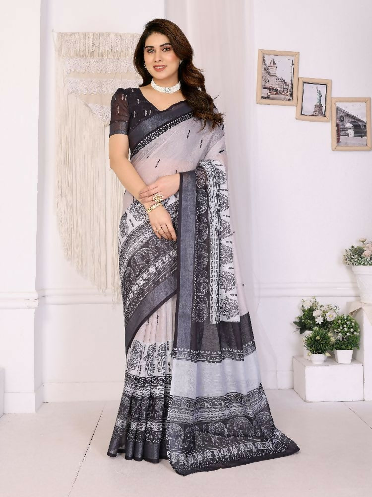 PR Fashion Black Handloom Linen Cotton Zari Saree