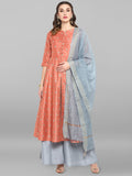 Janasya Women's Turquoise Green Cotton Flex Ikkat Kurta With Pant