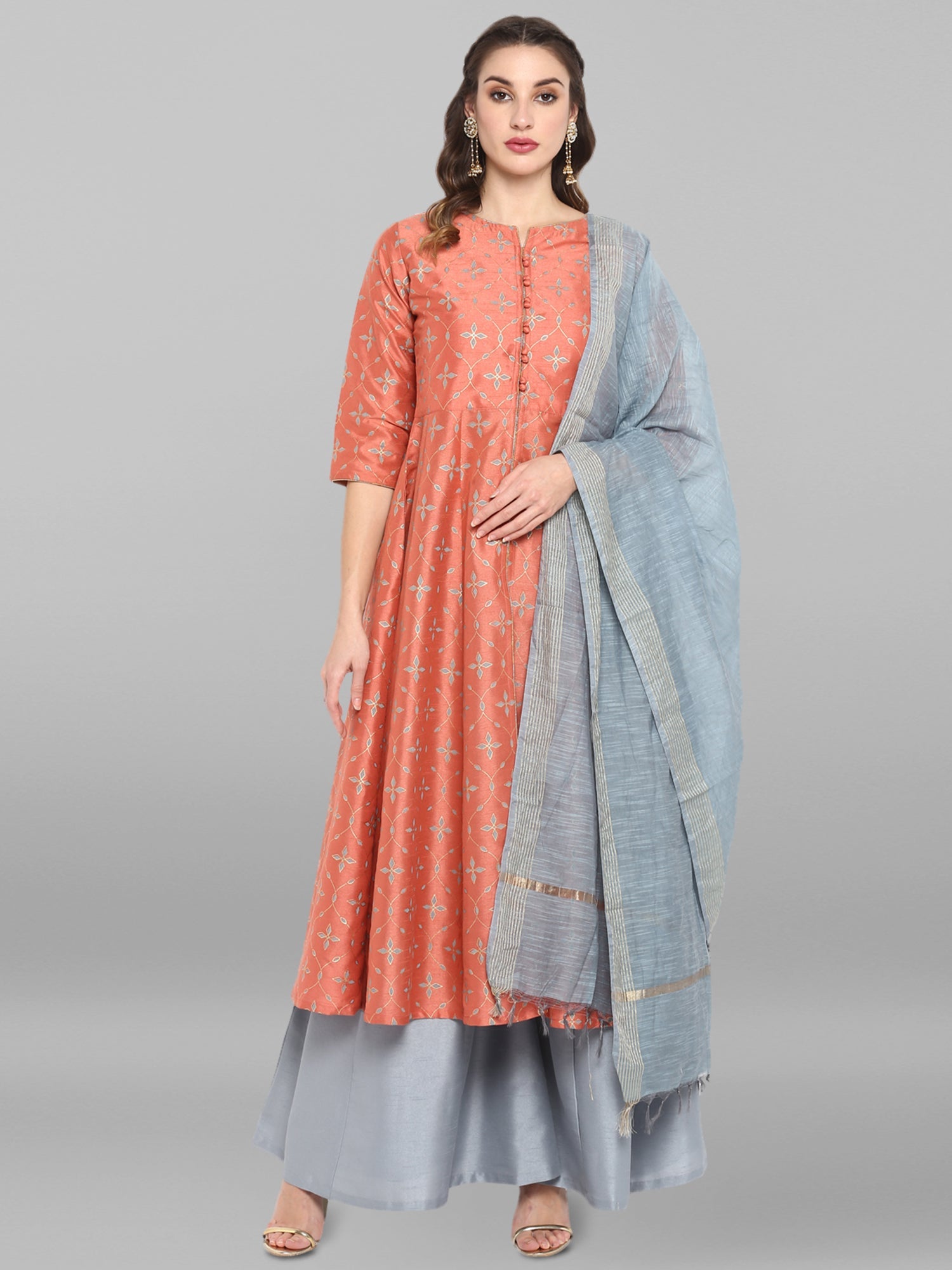 Janasya Women's Turquoise Green Cotton Flex Ikkat Kurta With Pant