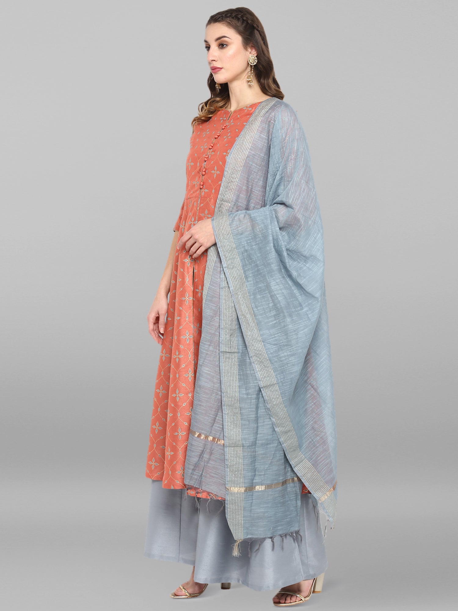 Janasya Women's Turquoise Green Cotton Flex Ikkat Kurta With Pant