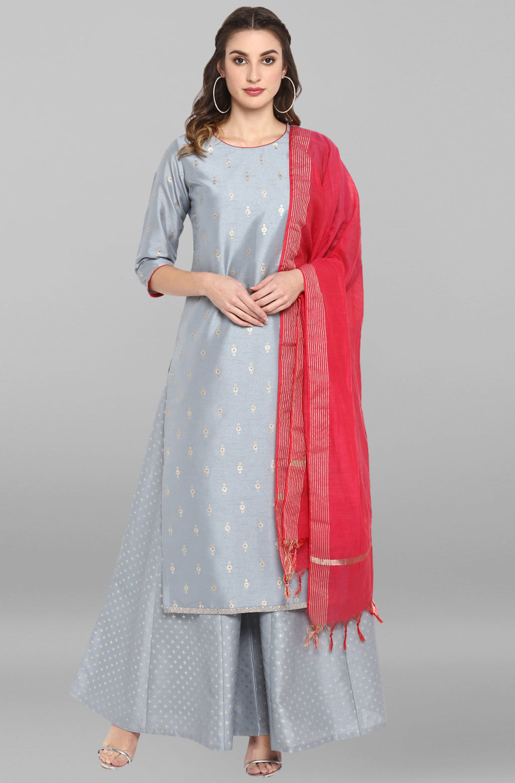 Janasya Women's Grey Poly Silk Foil Print Kurta With Palazzo And Dupatta