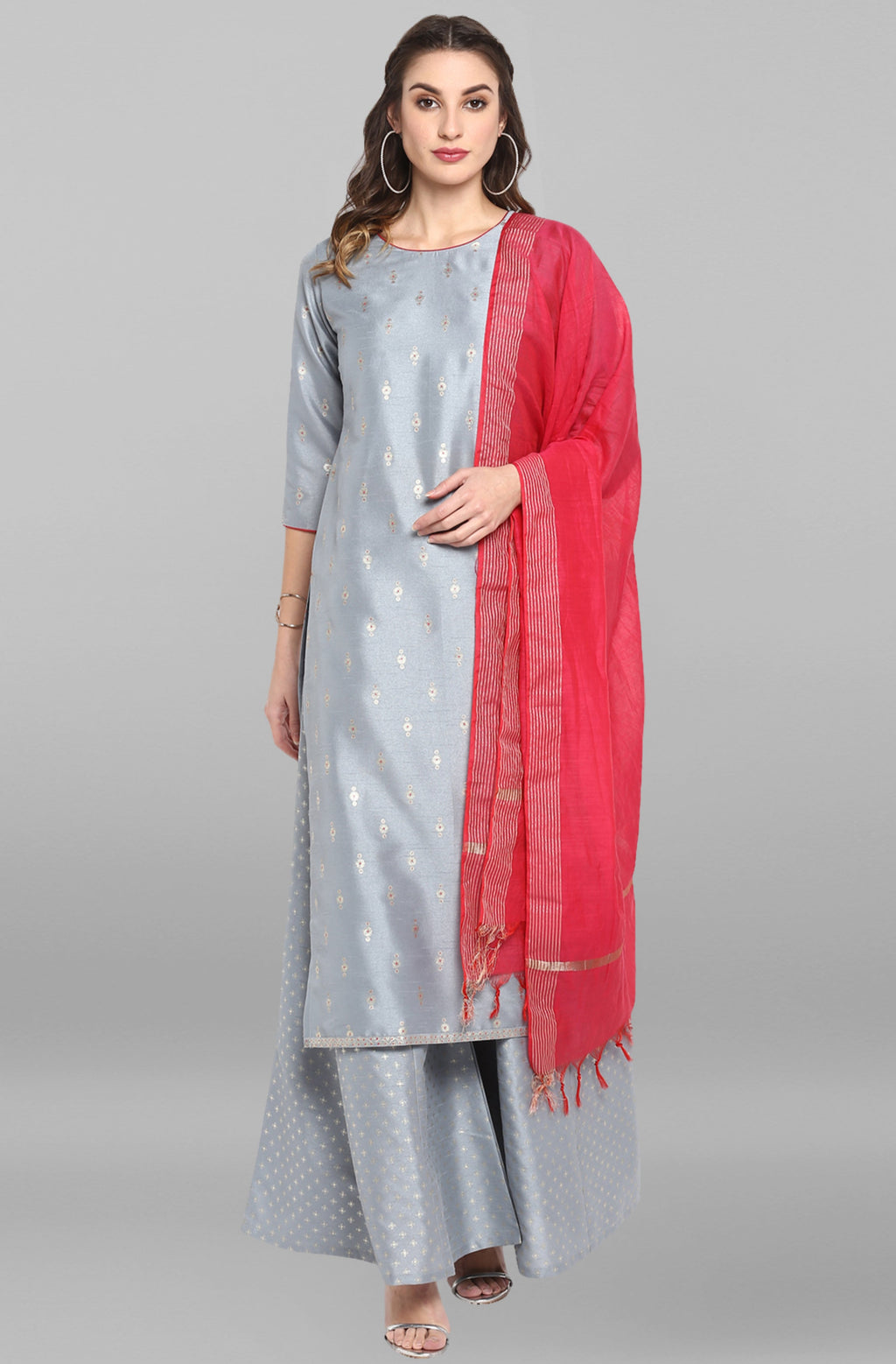 Janasya Women's Grey Poly Silk Foil Print Kurta With Palazzo And Dupatta