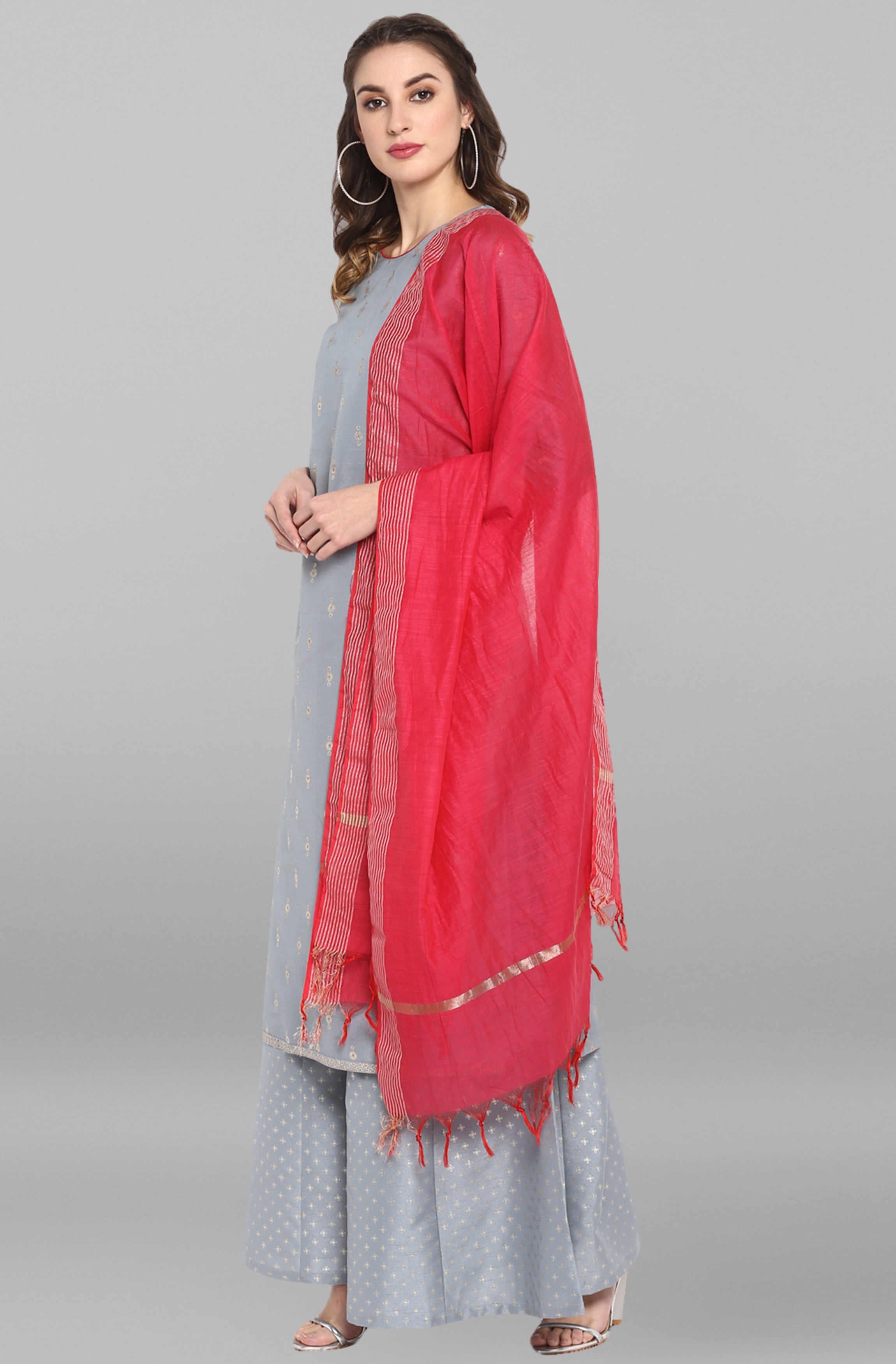 Janasya Women's Grey Poly Silk Foil Print Kurta With Palazzo And Dupatta