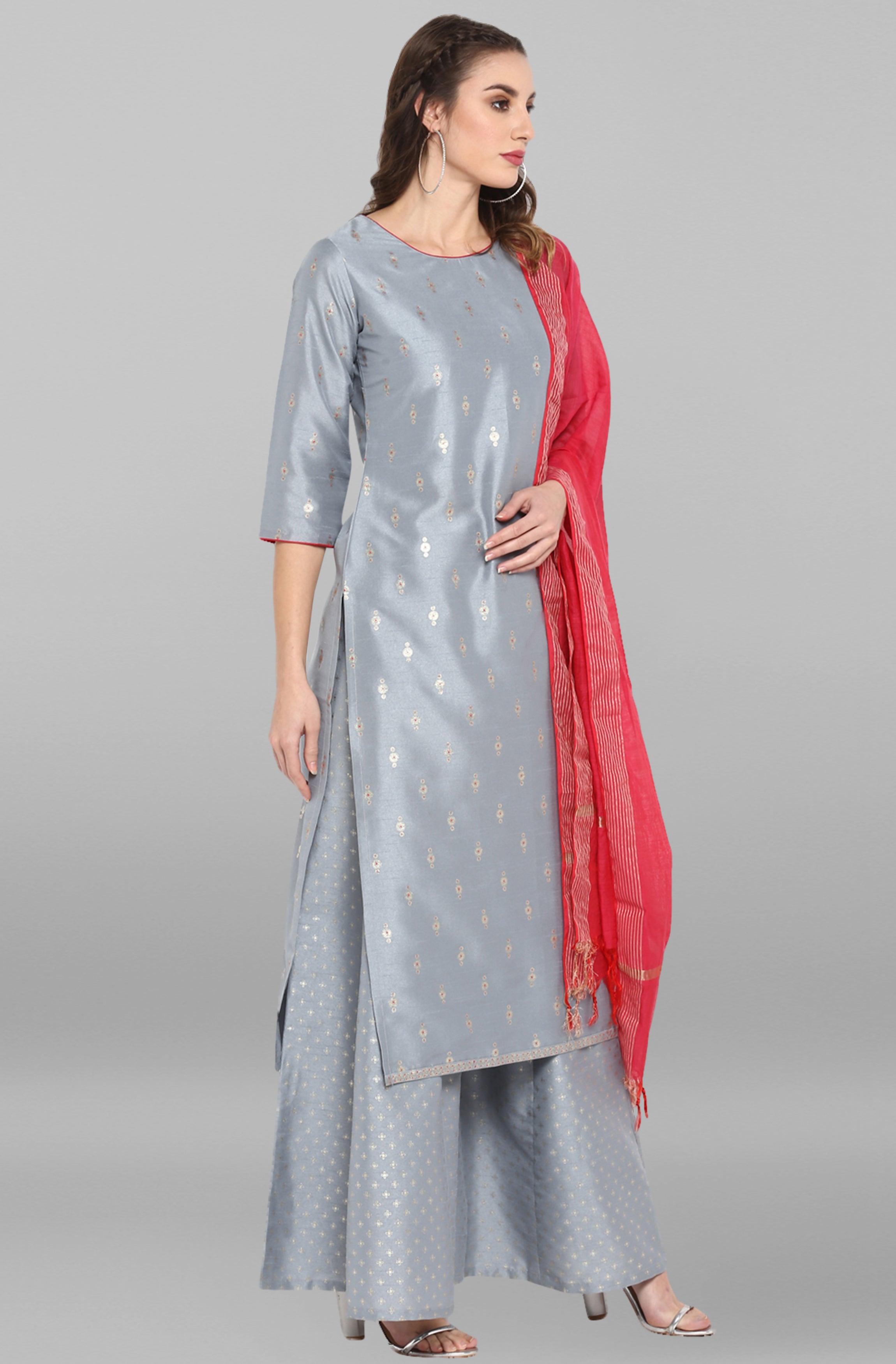 Janasya Women's Grey Poly Silk Foil Print Kurta With Palazzo And Dupatta
