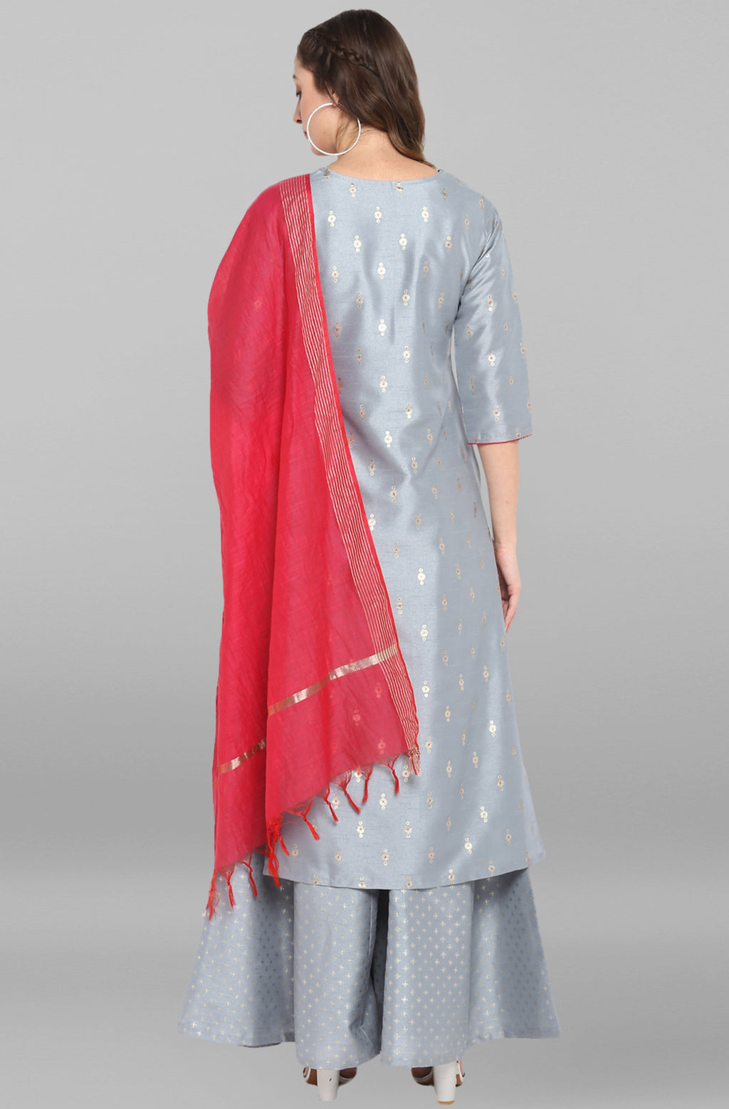 Janasya Women's Grey Poly Silk Foil Print Kurta With Palazzo And Dupatta