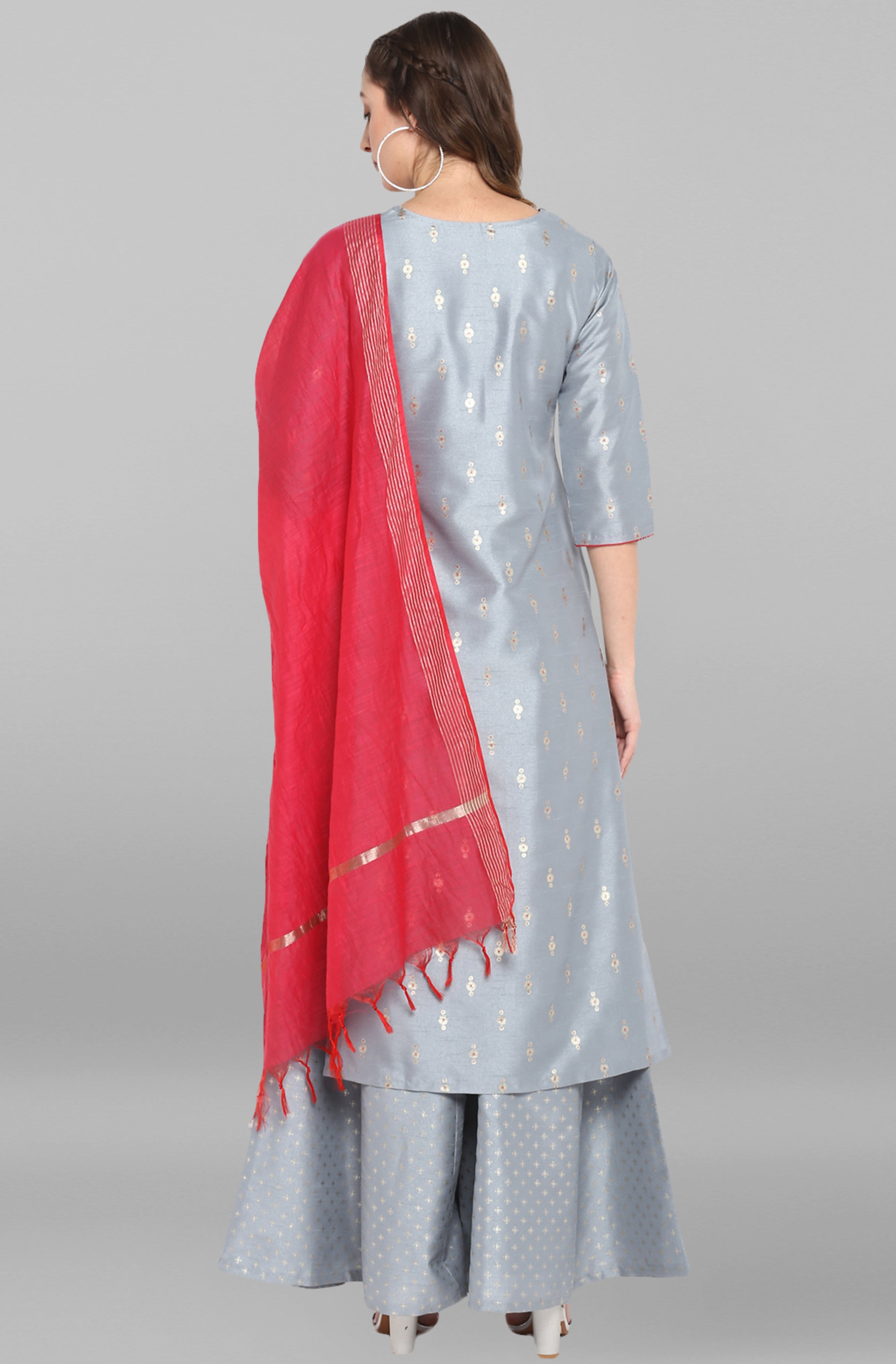 Janasya Women's Grey Poly Silk Foil Print Kurta With Palazzo And Dupatta
