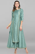 Janasya Green Rayon Crepe Foil Print Flared Ethnic Dress