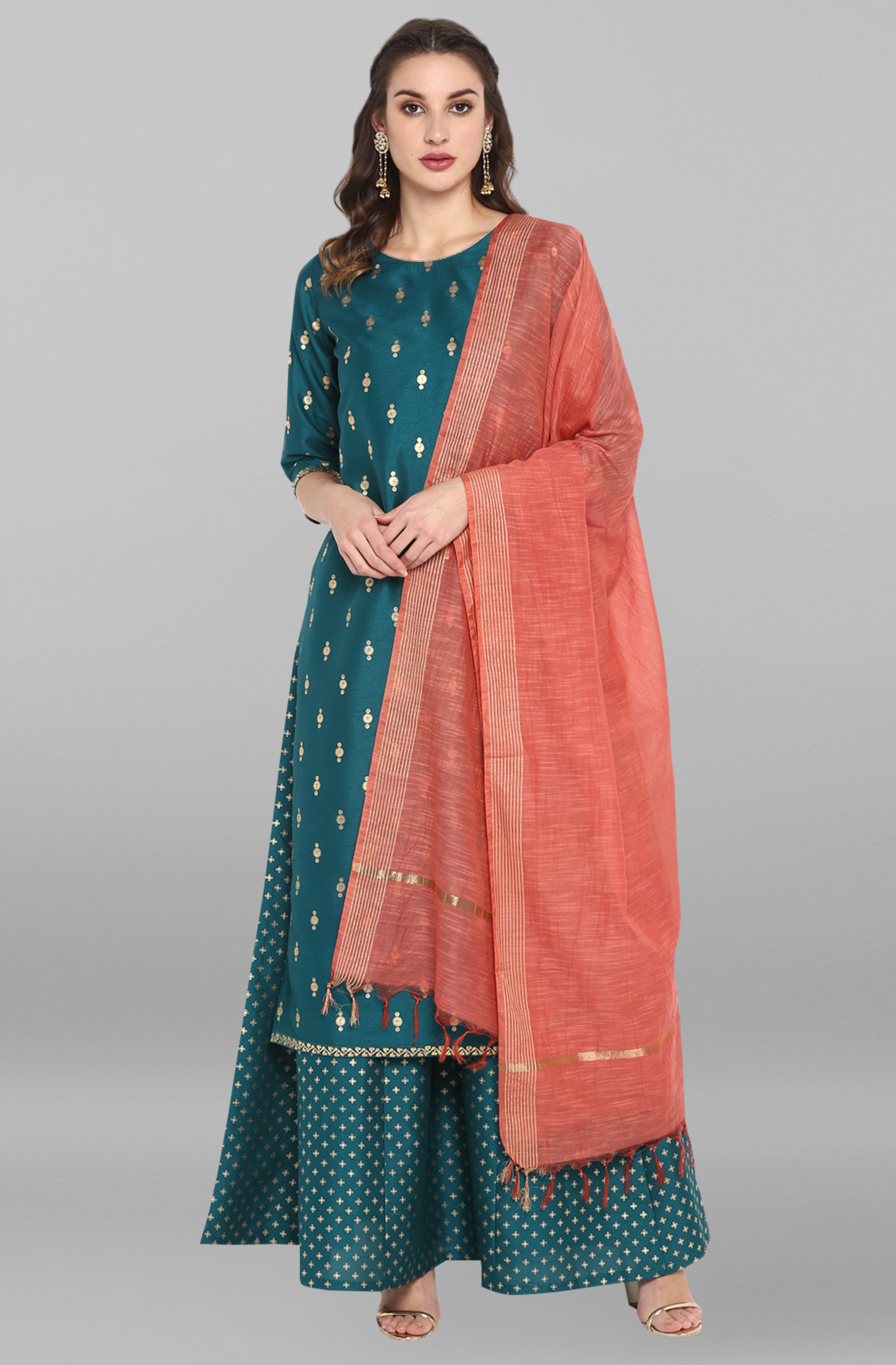 Janasya Women's Peacock Green Poly Silk Gold Print Kurta With Palazzo And Dupatta