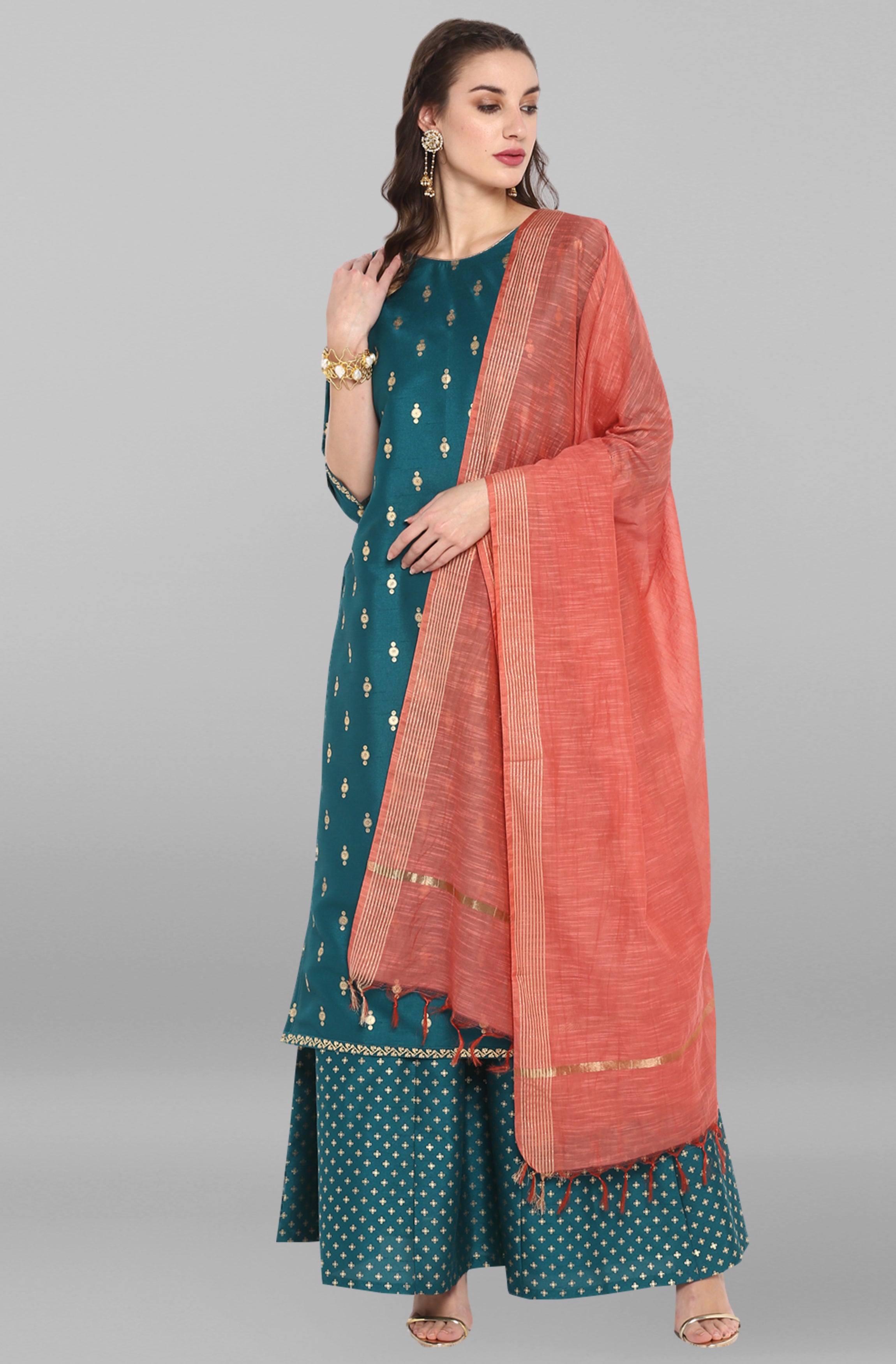 Janasya Women's Peacock Green Poly Silk Gold Print Kurta With Palazzo And Dupatta