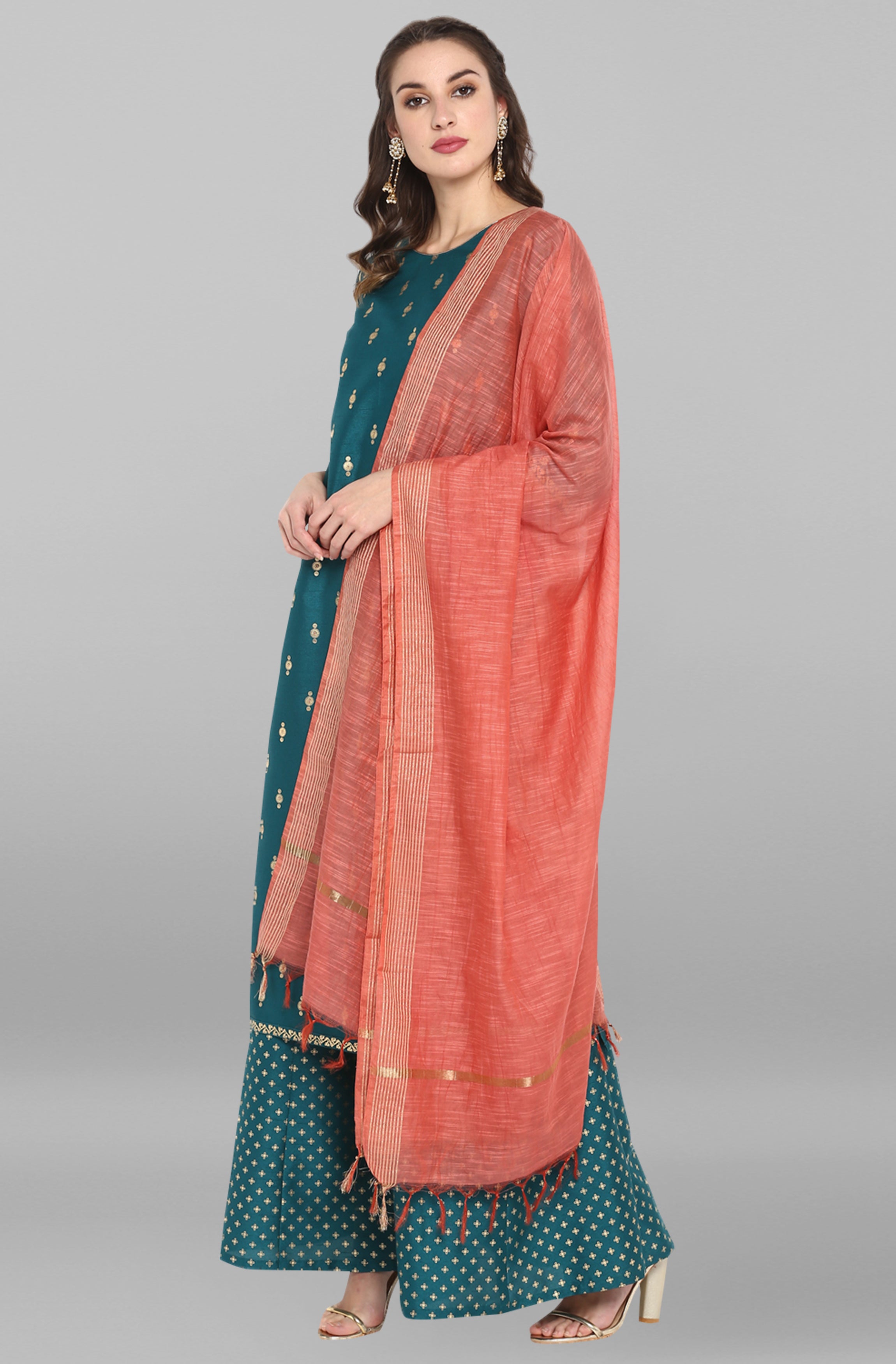 Janasya Women's Peacock Green Poly Silk Gold Print Kurta With Palazzo And Dupatta