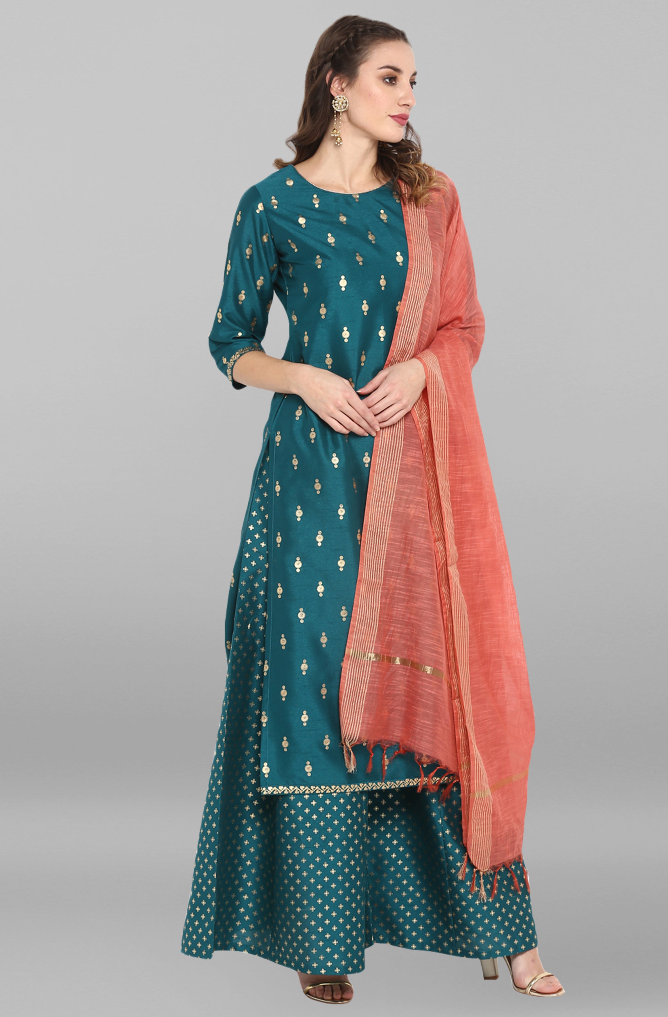 Janasya Women's Peacock Green Poly Silk Gold Print Kurta With Palazzo And Dupatta