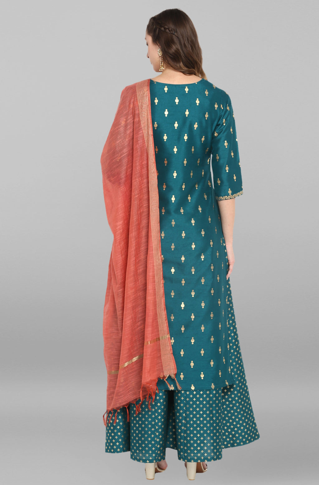 Janasya Women's Peacock Green Poly Silk Gold Print Kurta With Palazzo And Dupatta