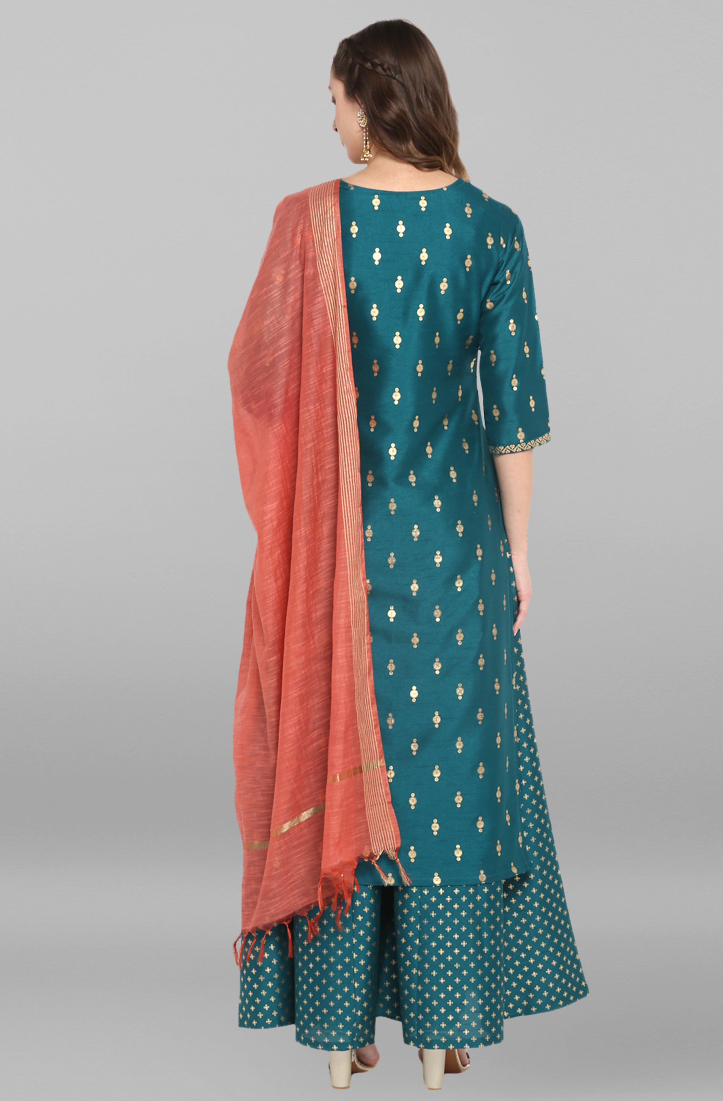 Janasya Women's Peacock Green Poly Silk Gold Print Kurta With Palazzo And Dupatta
