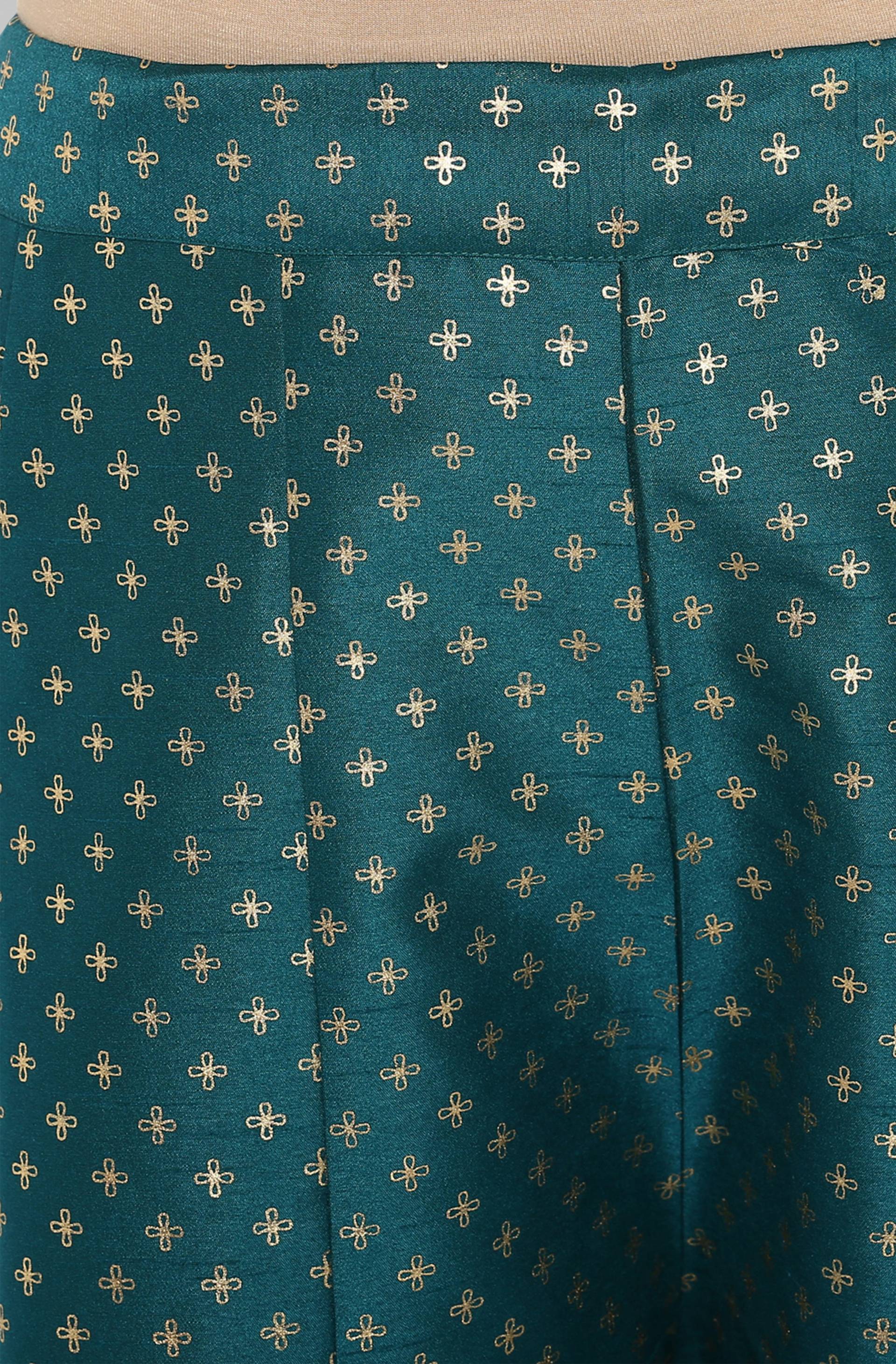 Janasya Women's Peacock Green Poly Silk Gold Print Kurta With Palazzo And Dupatta