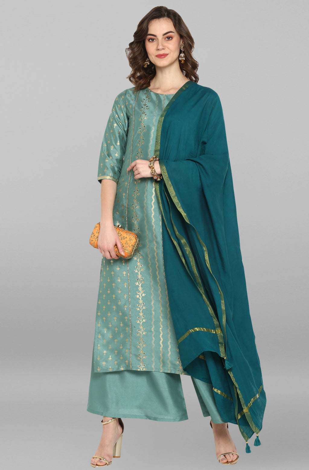 Janasya Women's Light Green Poly Silk Floral Print Kurta With Palazzo And Dupatta