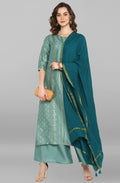 Janasya Women's Light Green Poly Silk Floral Print Kurta With Palazzo And Dupatta