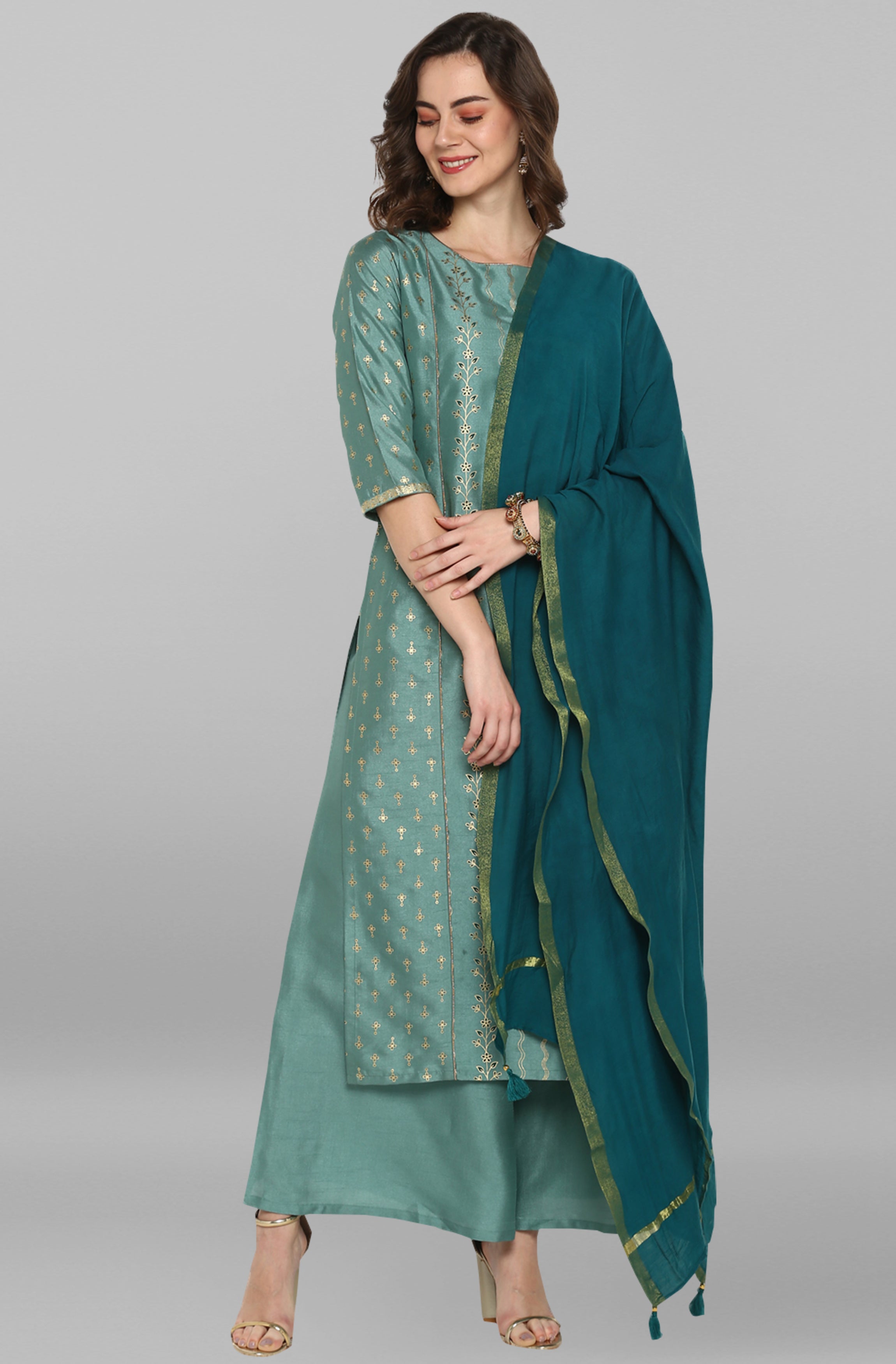 Janasya Women's Light Green Poly Silk Floral Print Kurta With Palazzo And Dupatta