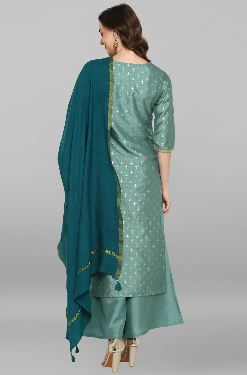Janasya Women's Light Green Poly Silk Floral Print Kurta With Palazzo And Dupatta