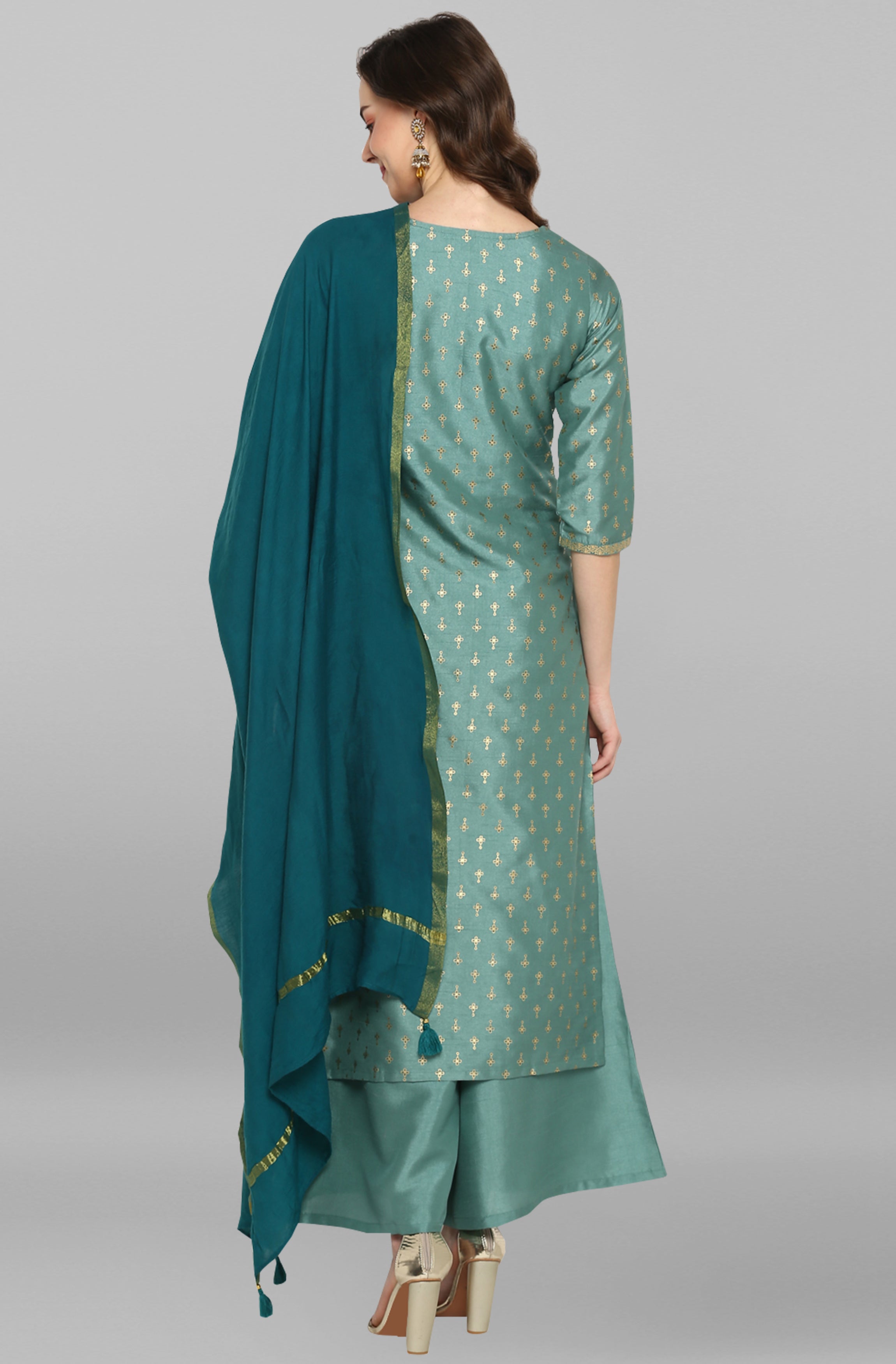Janasya Women's Light Green Poly Silk Floral Print Kurta With Palazzo And Dupatta