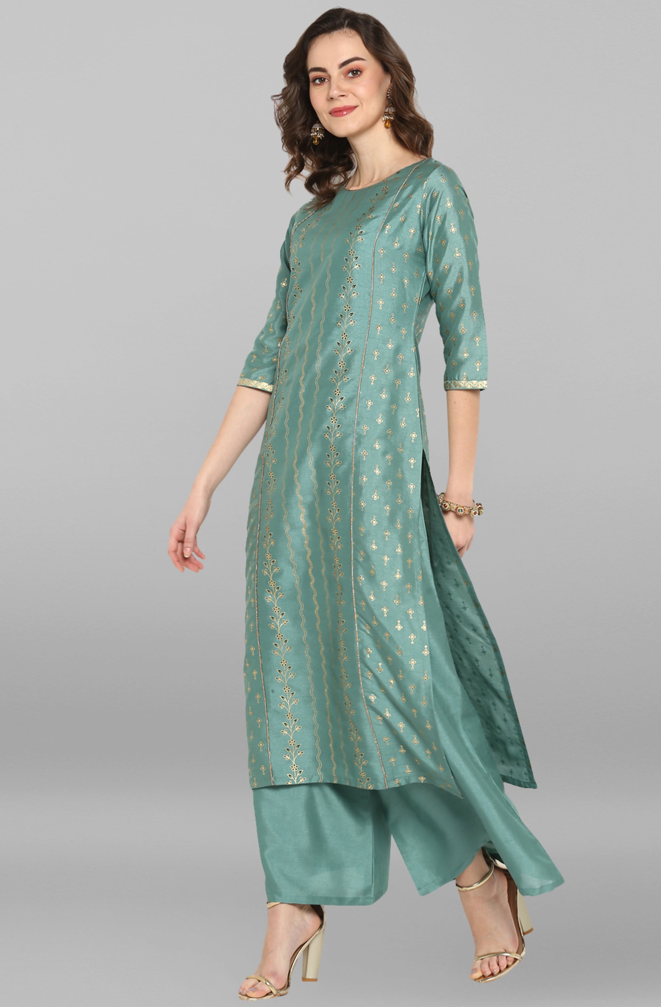 Janasya Women's Light Green Poly Silk Floral Print Kurta With Palazzo And Dupatta