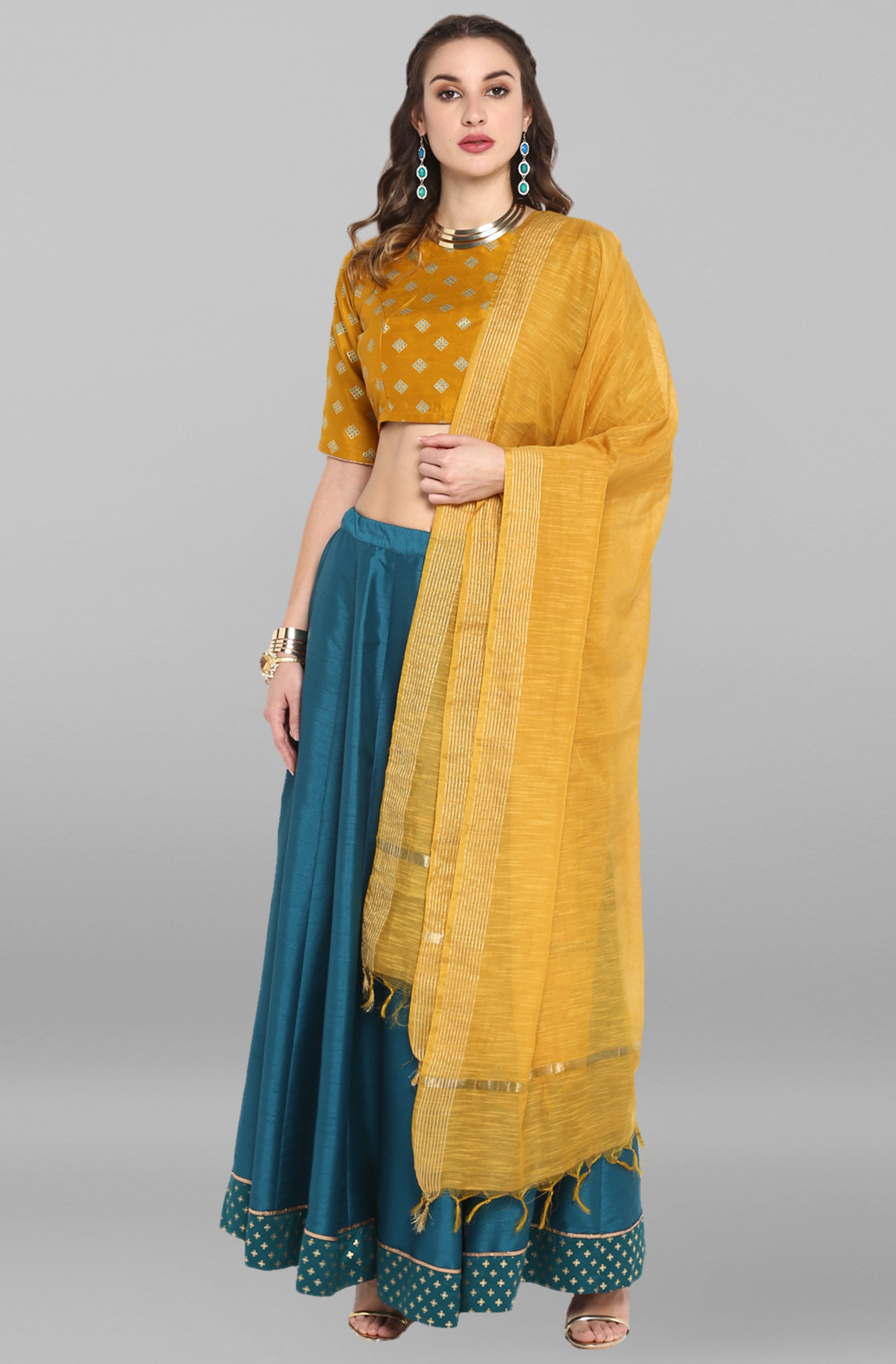Janasya Women's Mustard Poly Silk Gold Print Lehenga Choli With Dupatta
