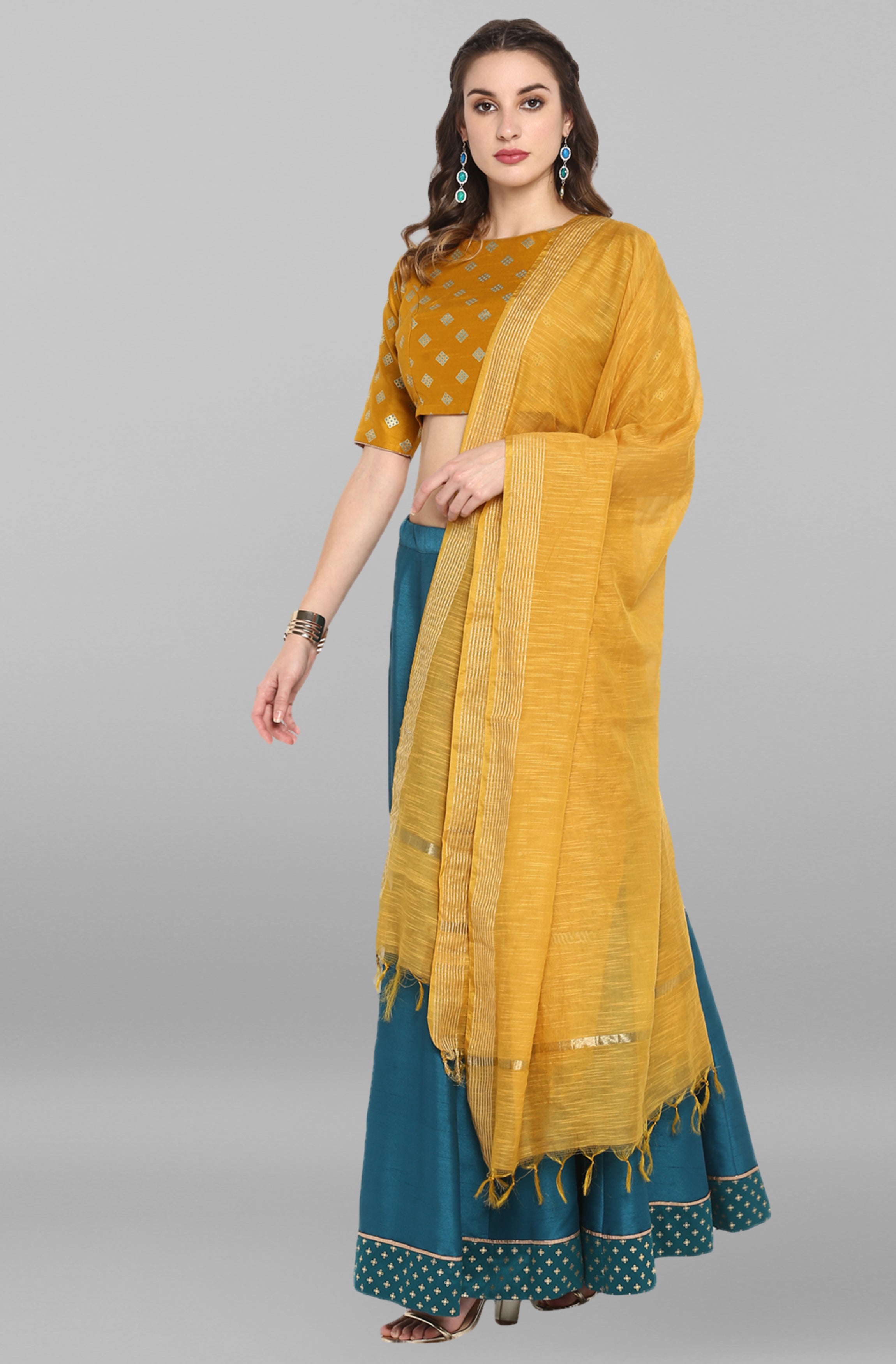 Janasya Women's Mustard Poly Silk Gold Print Lehenga Choli With Dupatta