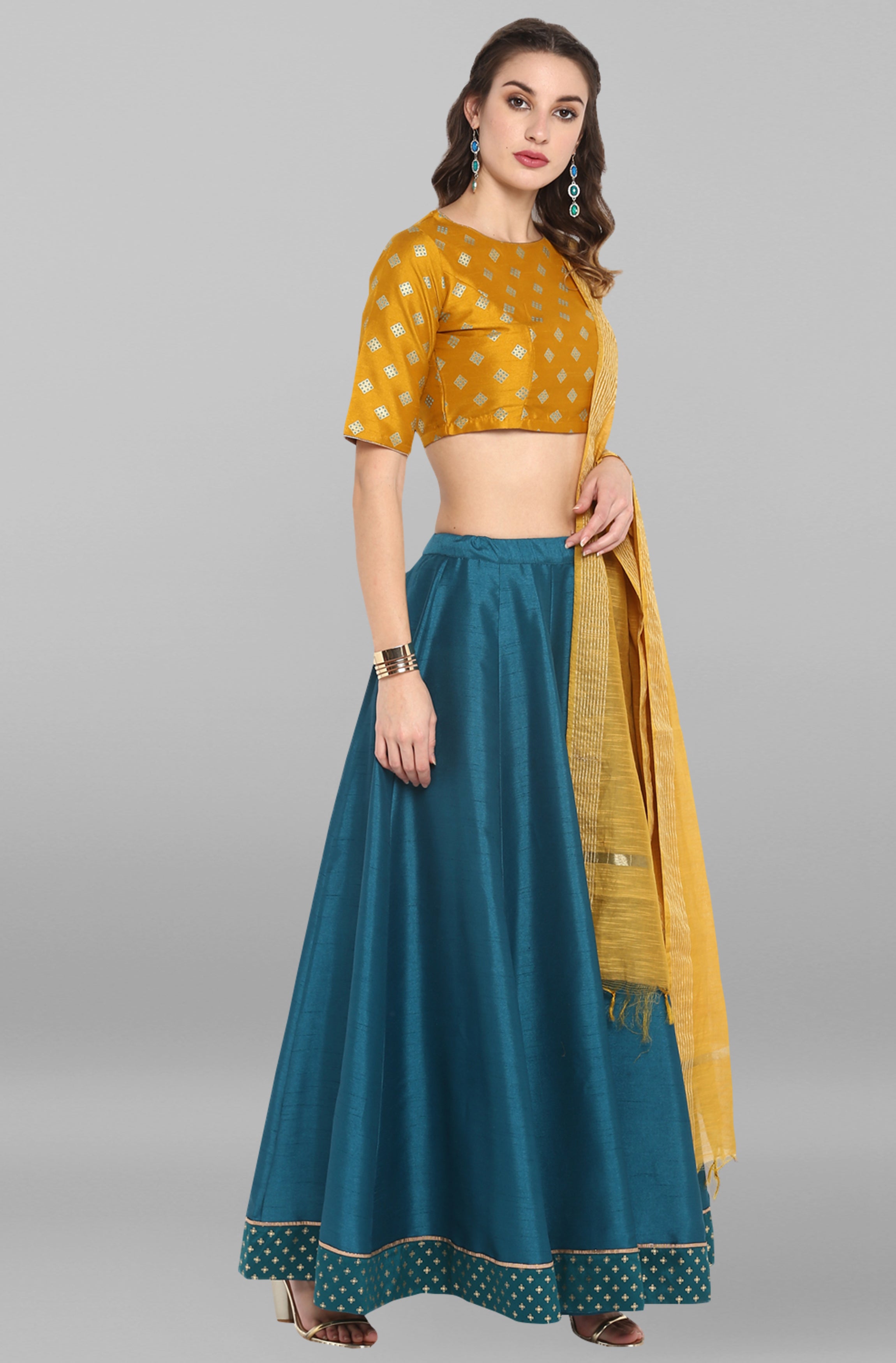 Janasya Women's Mustard Poly Silk Gold Print Lehenga Choli With Dupatta