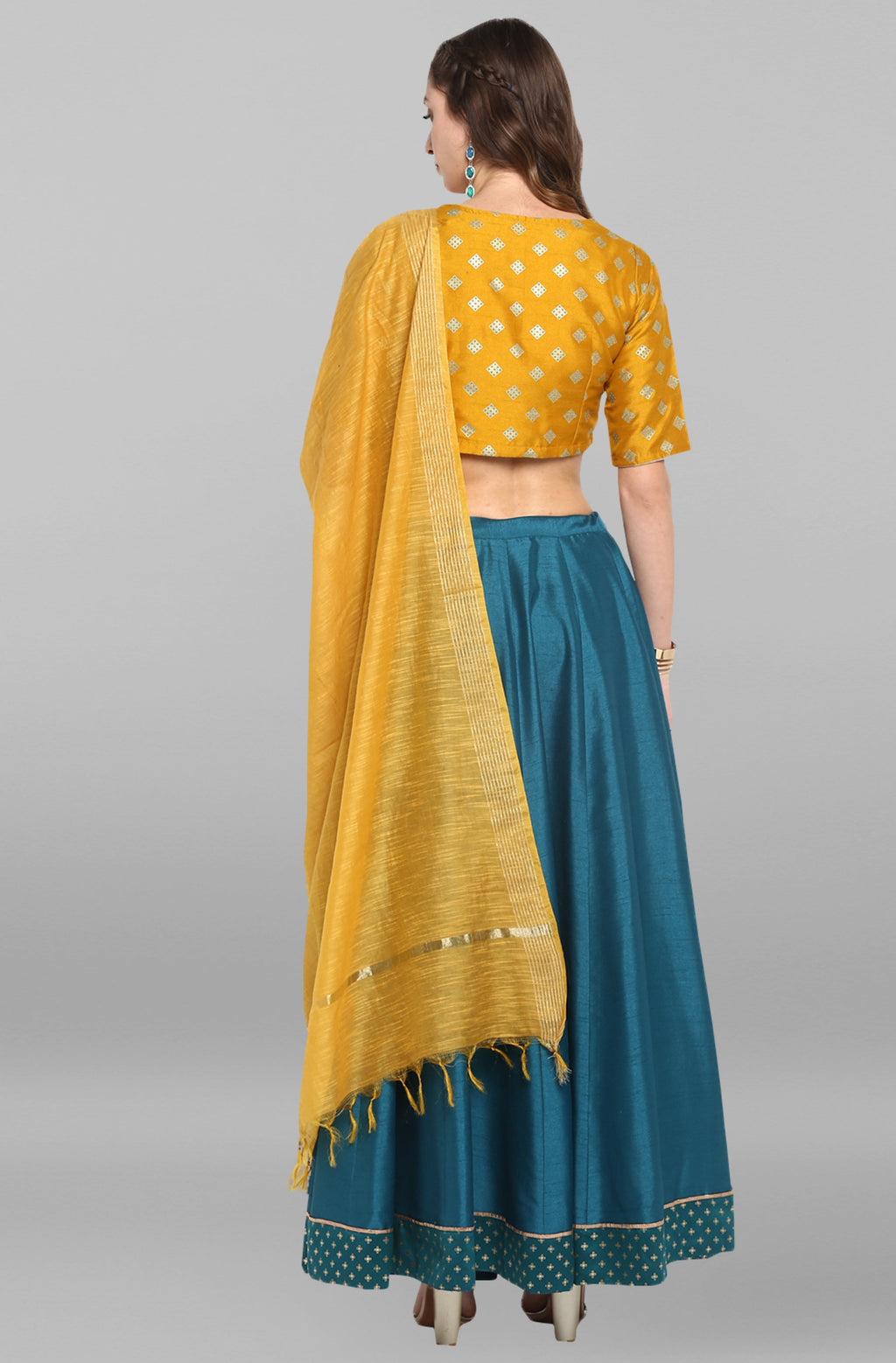 Janasya Women's Mustard Poly Silk Gold Print Lehenga Choli With Dupatta