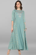 Janasya Women's Green Rayon Embroidered Flared Ethnic Dress