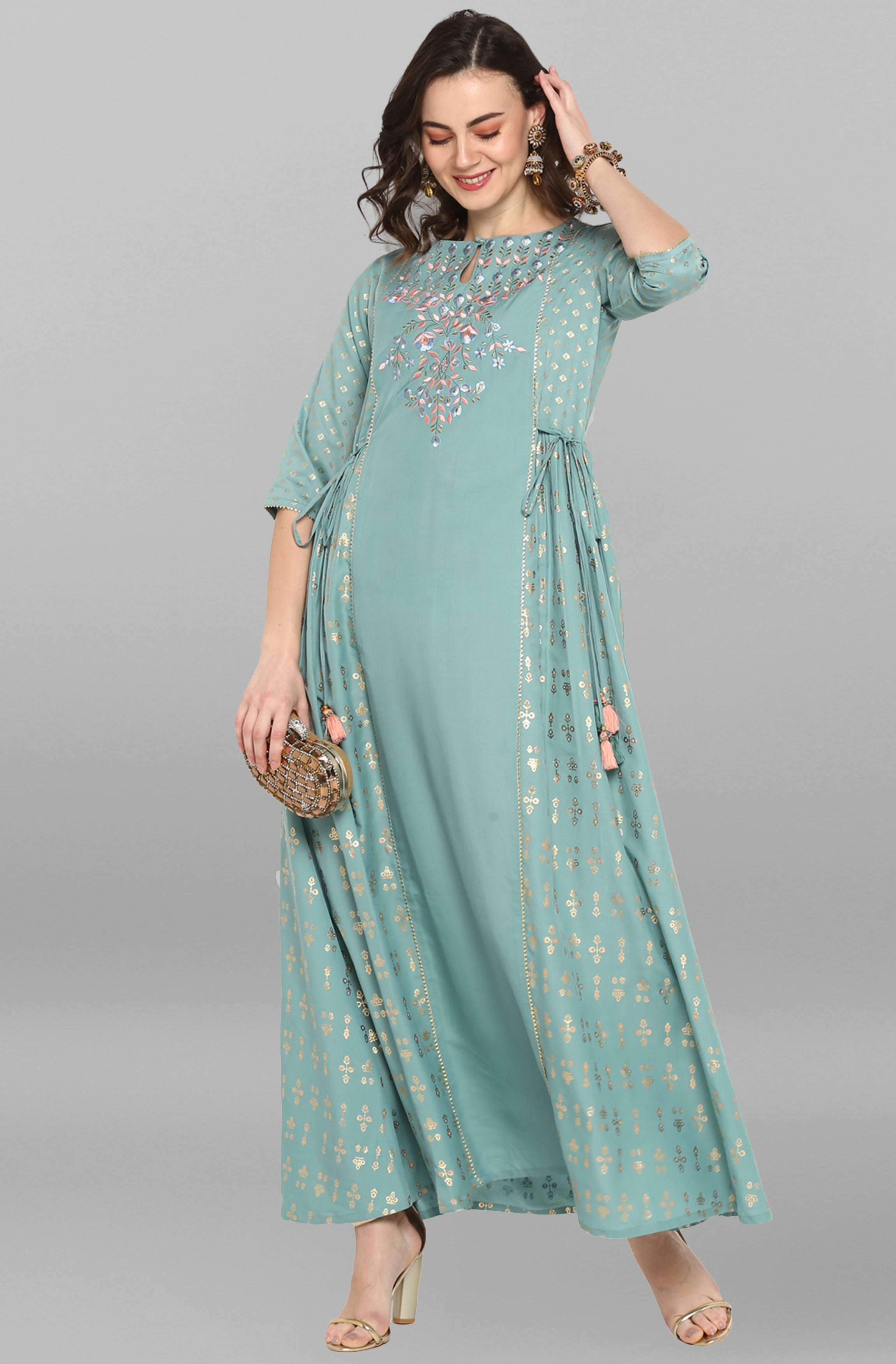 Janasya Women's Green Rayon Embroidered Flared Ethnic Dress