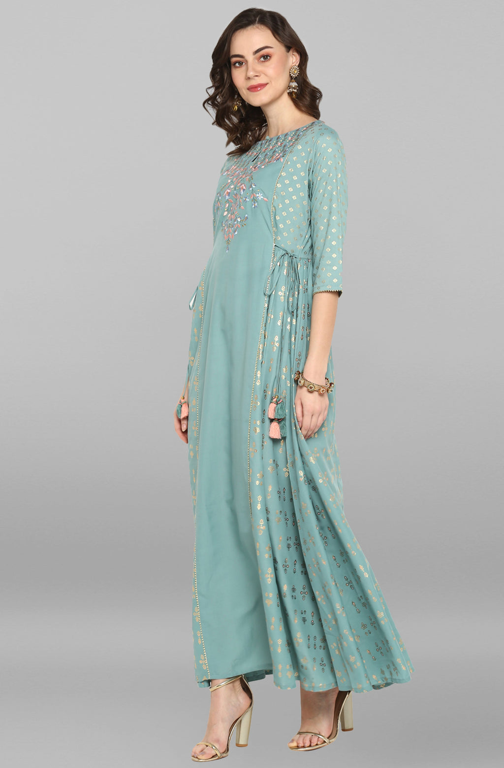 Janasya Women's Green Rayon Embroidered Flared Ethnic Dress