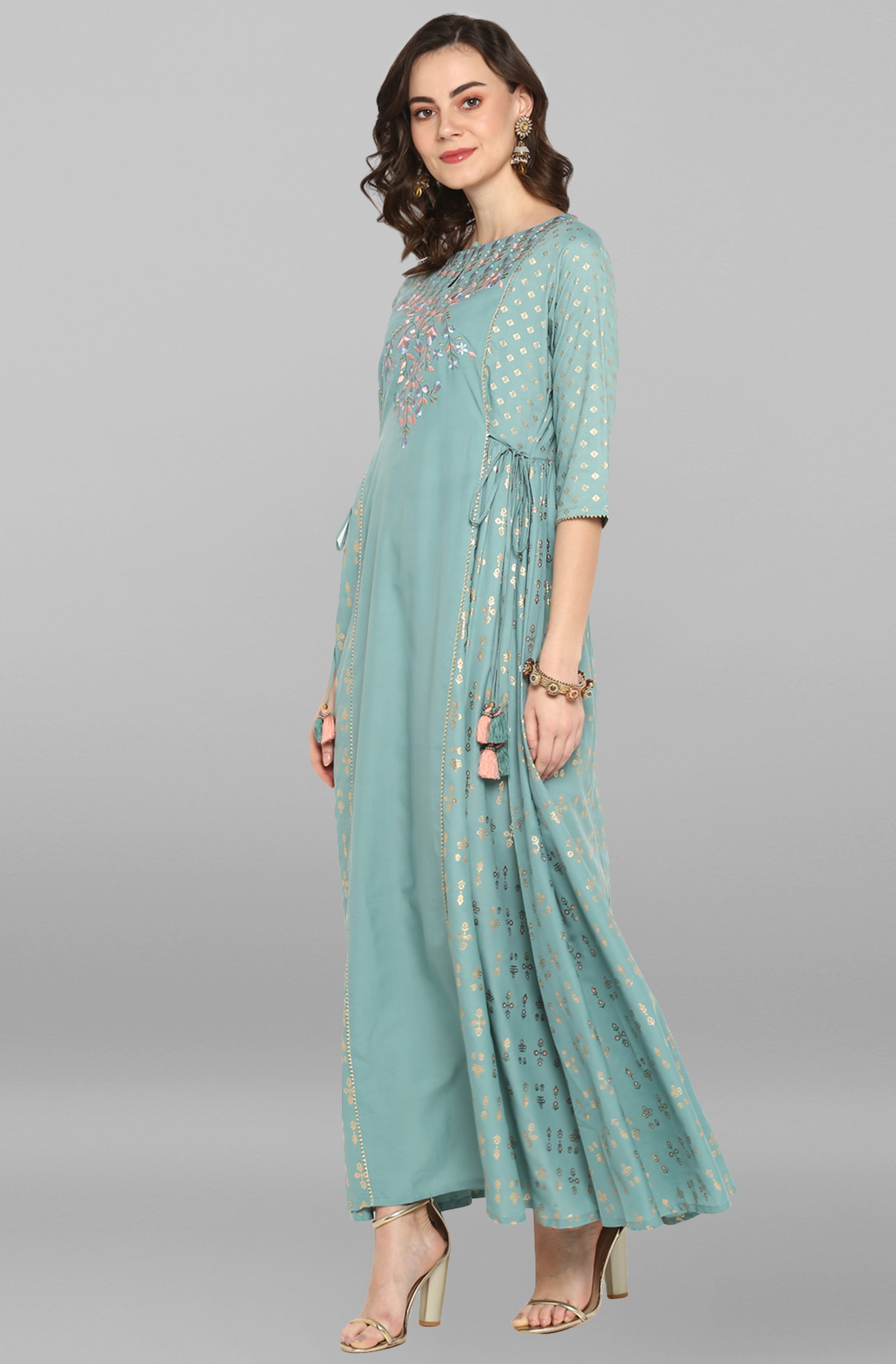 Janasya Women's Green Rayon Embroidered Flared Ethnic Dress