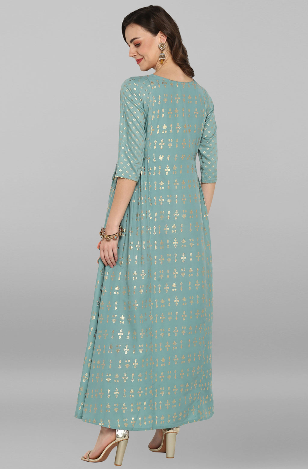 Janasya Women's Green Rayon Embroidered Flared Ethnic Dress