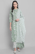 Janasya Women's Light Green Cotton Floral Print Kurta With Pant And Dupatta