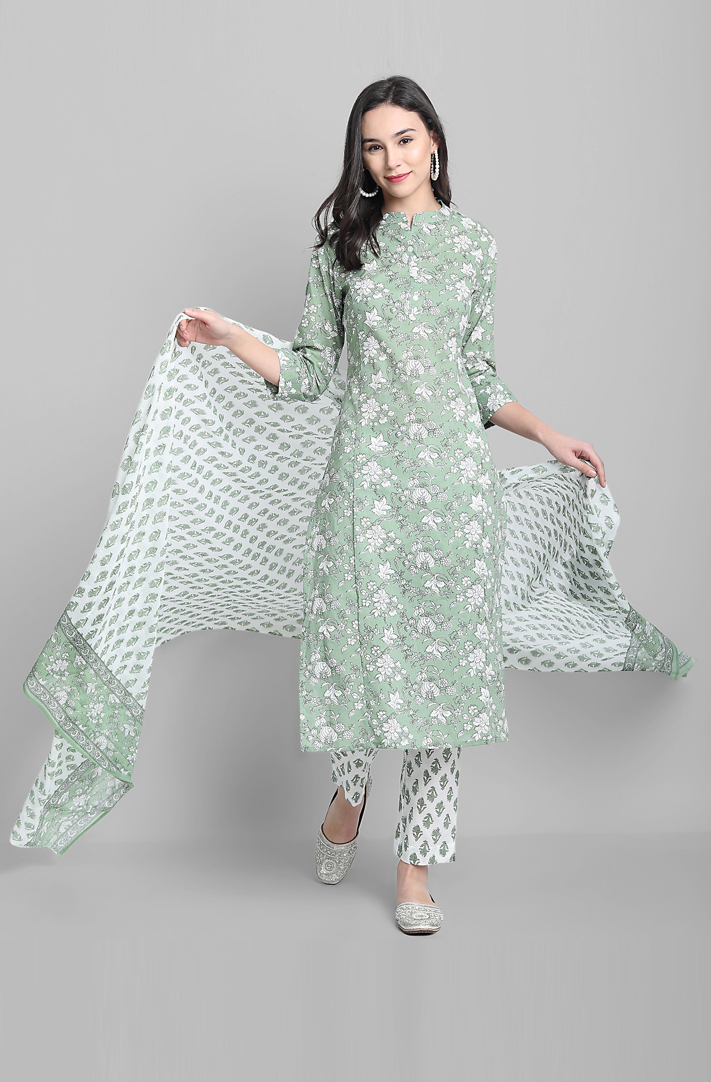 Janasya Women's Light Green Cotton Floral Print Kurta With Pant And Dupatta