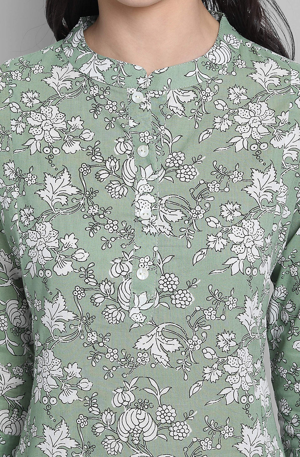 Janasya Women's Light Green Cotton Floral Print Kurta With Pant And Dupatta