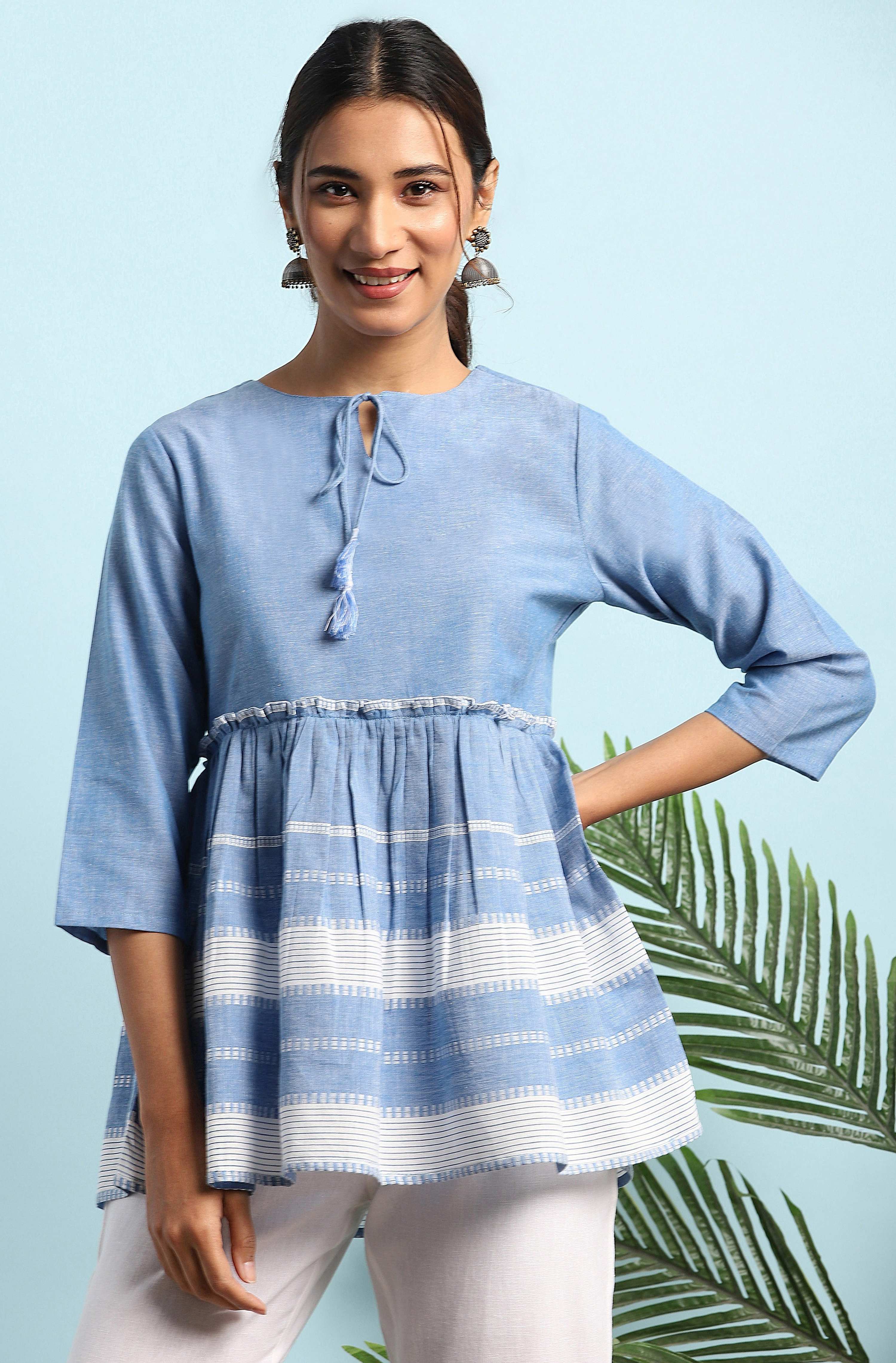 Janasya Women's Blue Cotton Striped Empire Top