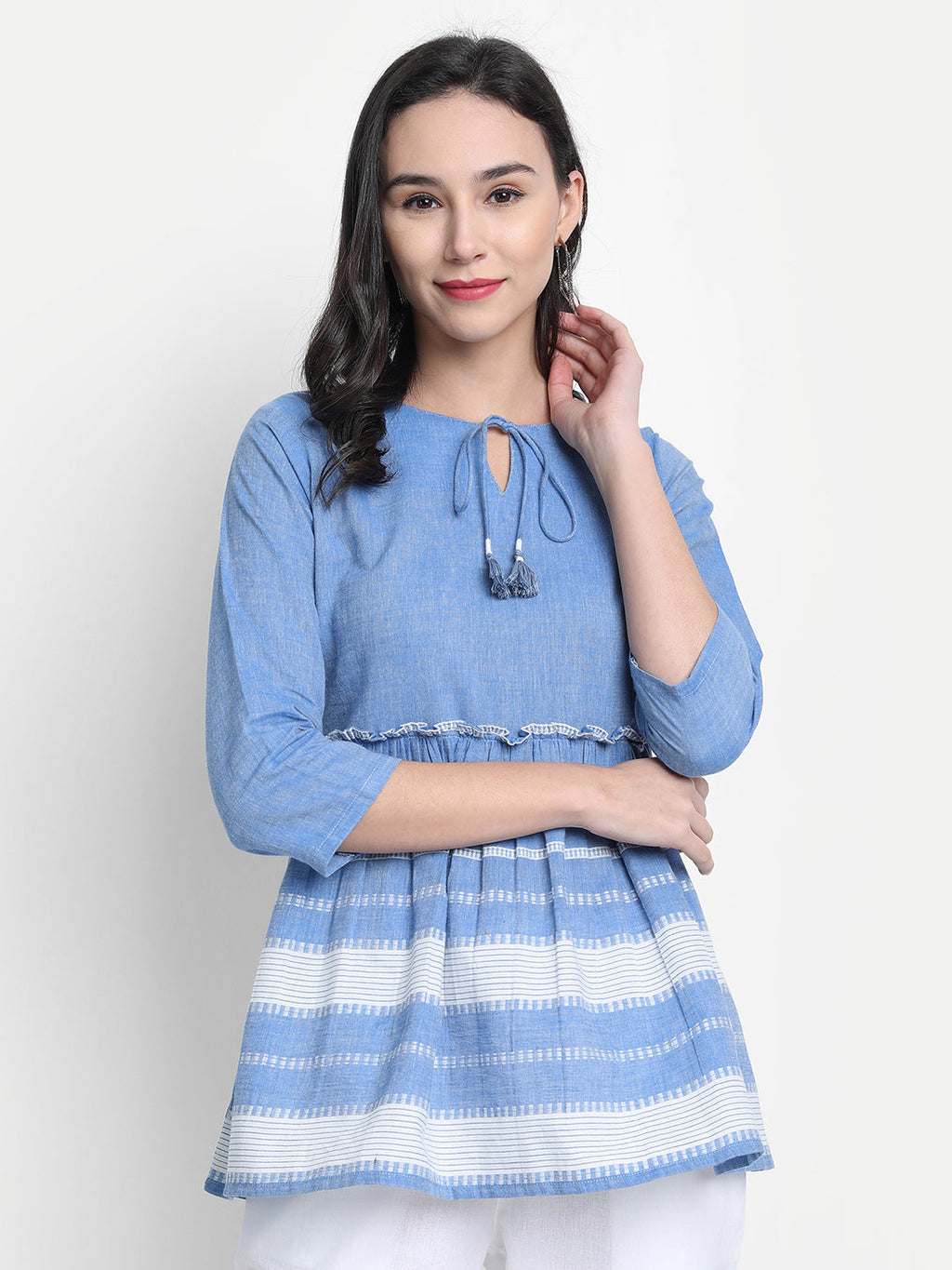 Janasya Women's Blue Cotton Striped Empire Top