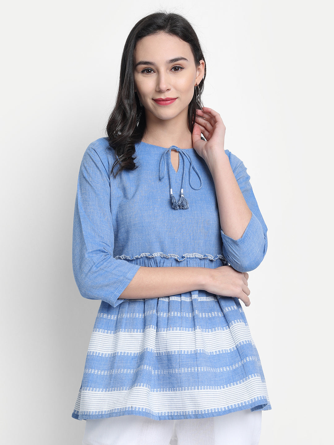 Janasya Women's Blue Cotton Striped Empire Top