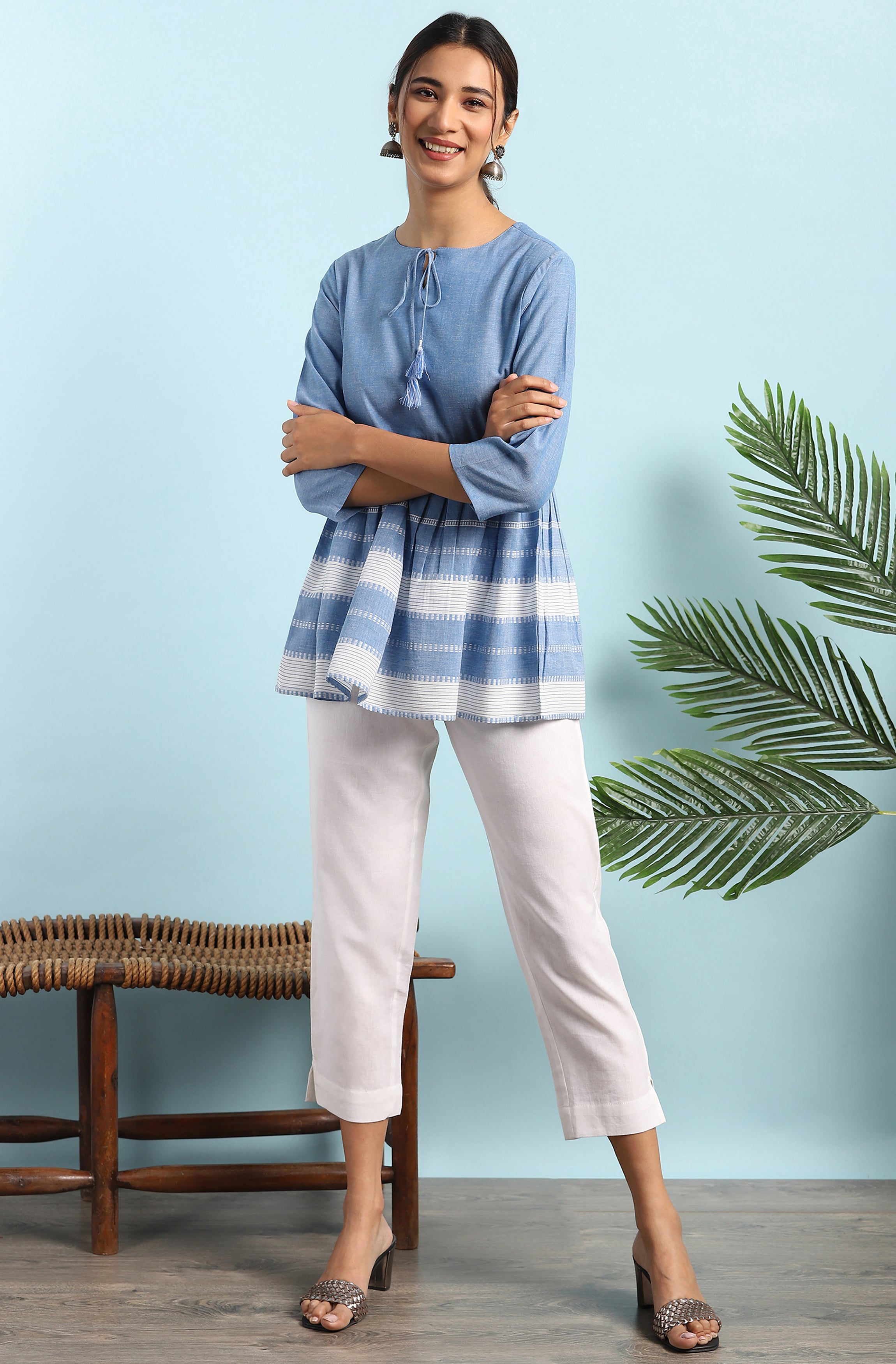 Janasya Women's Blue Cotton Striped Empire Top