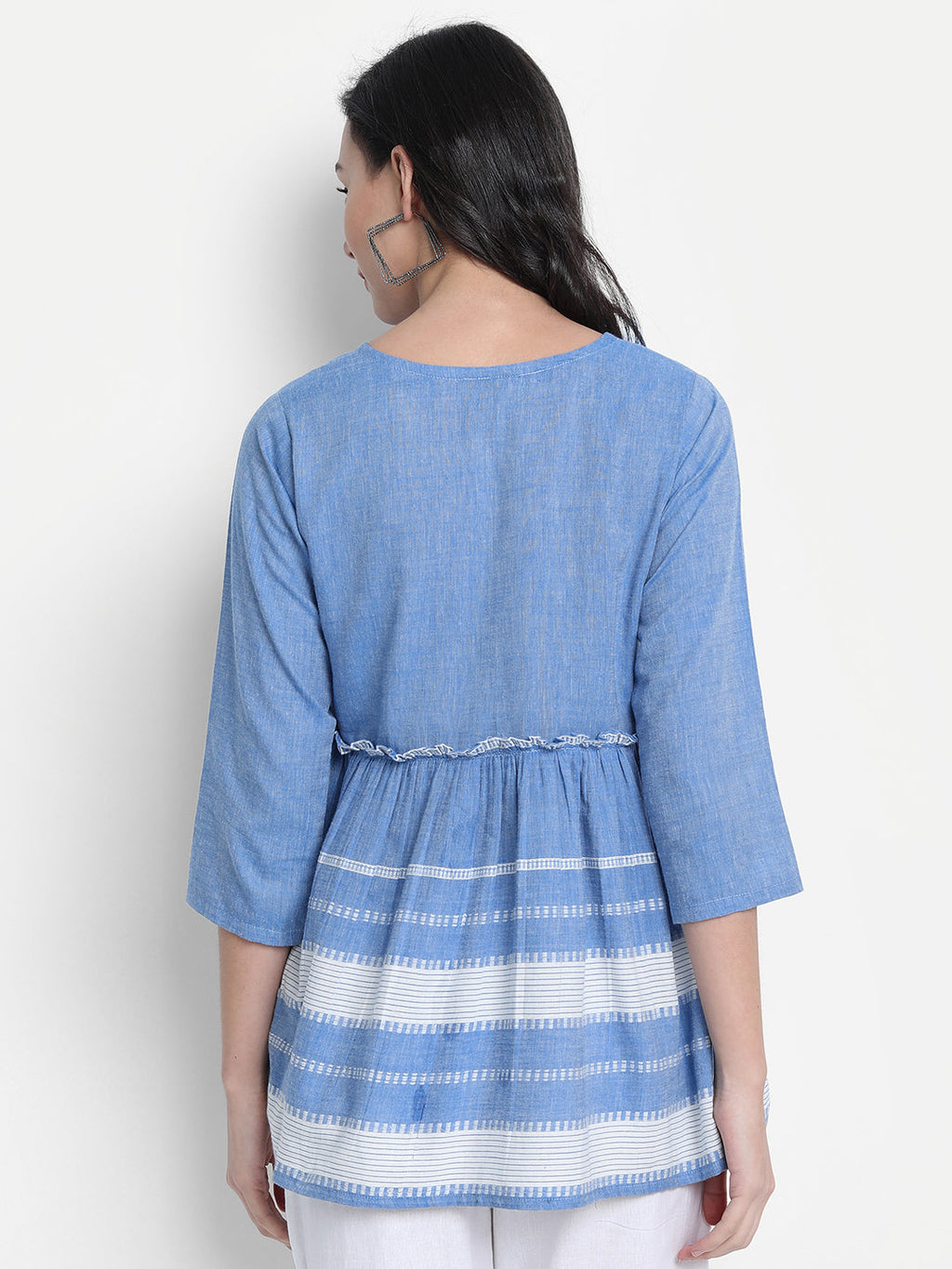 Janasya Women's Blue Cotton Striped Empire Top