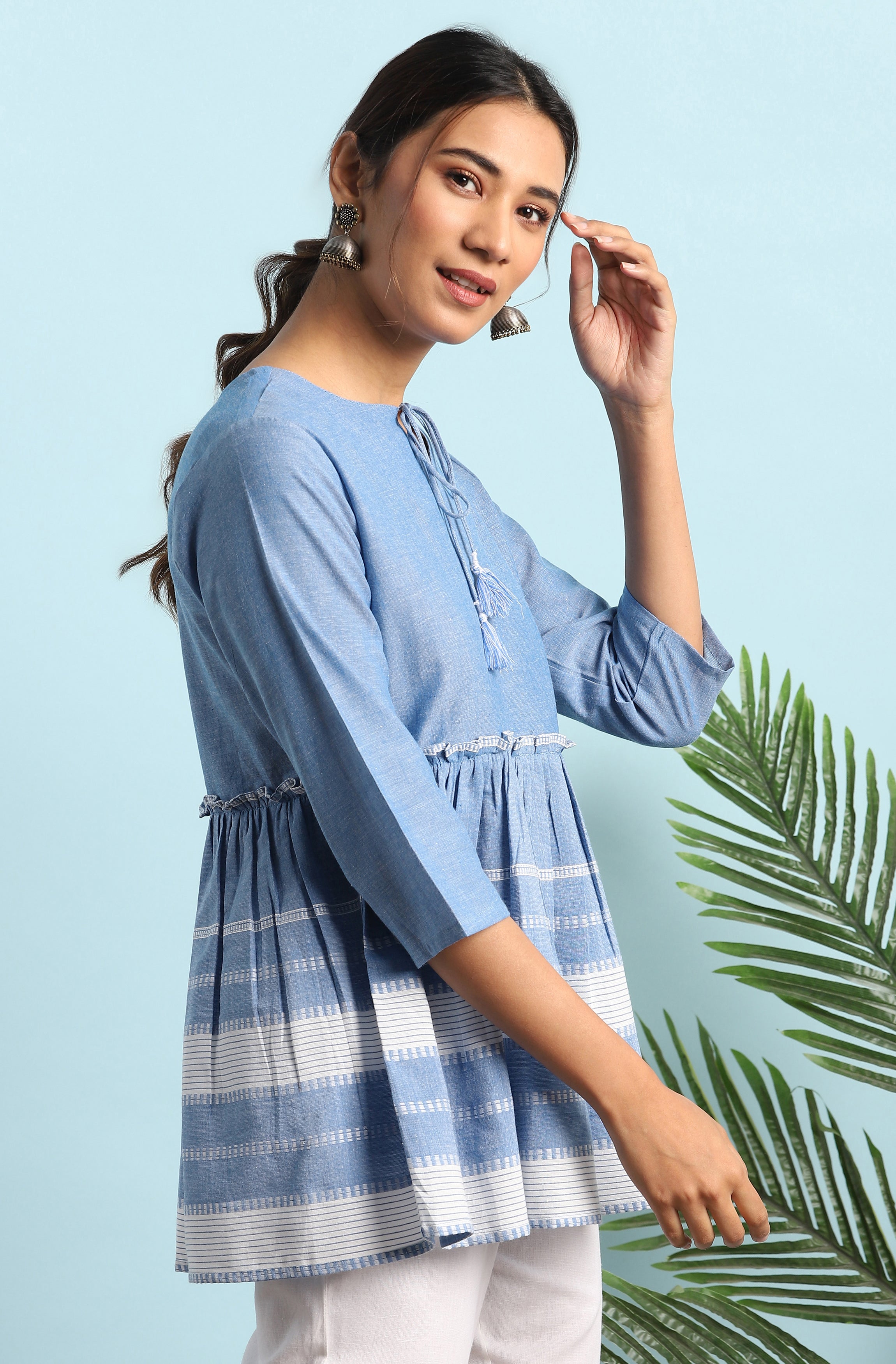 Janasya Women's Blue Cotton Striped Empire Top