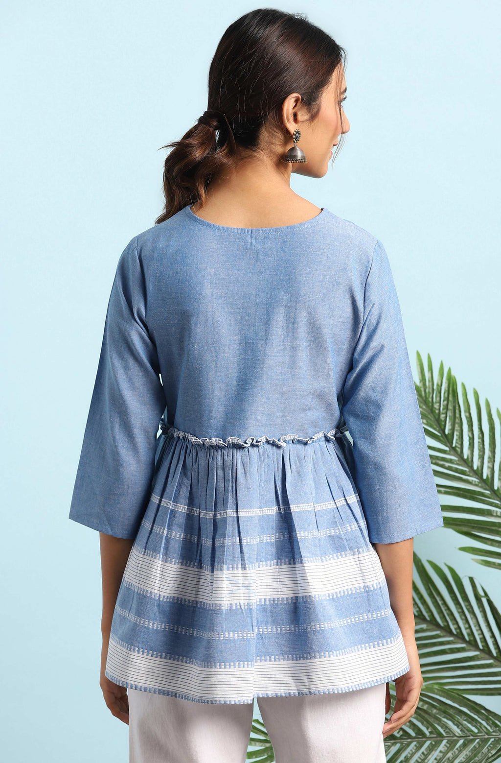 Janasya Women's Blue Cotton Striped Empire Top