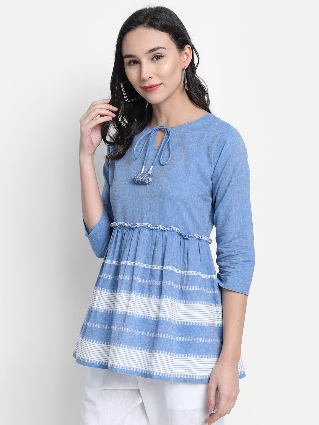 Janasya Women's Blue Cotton Striped Empire Top