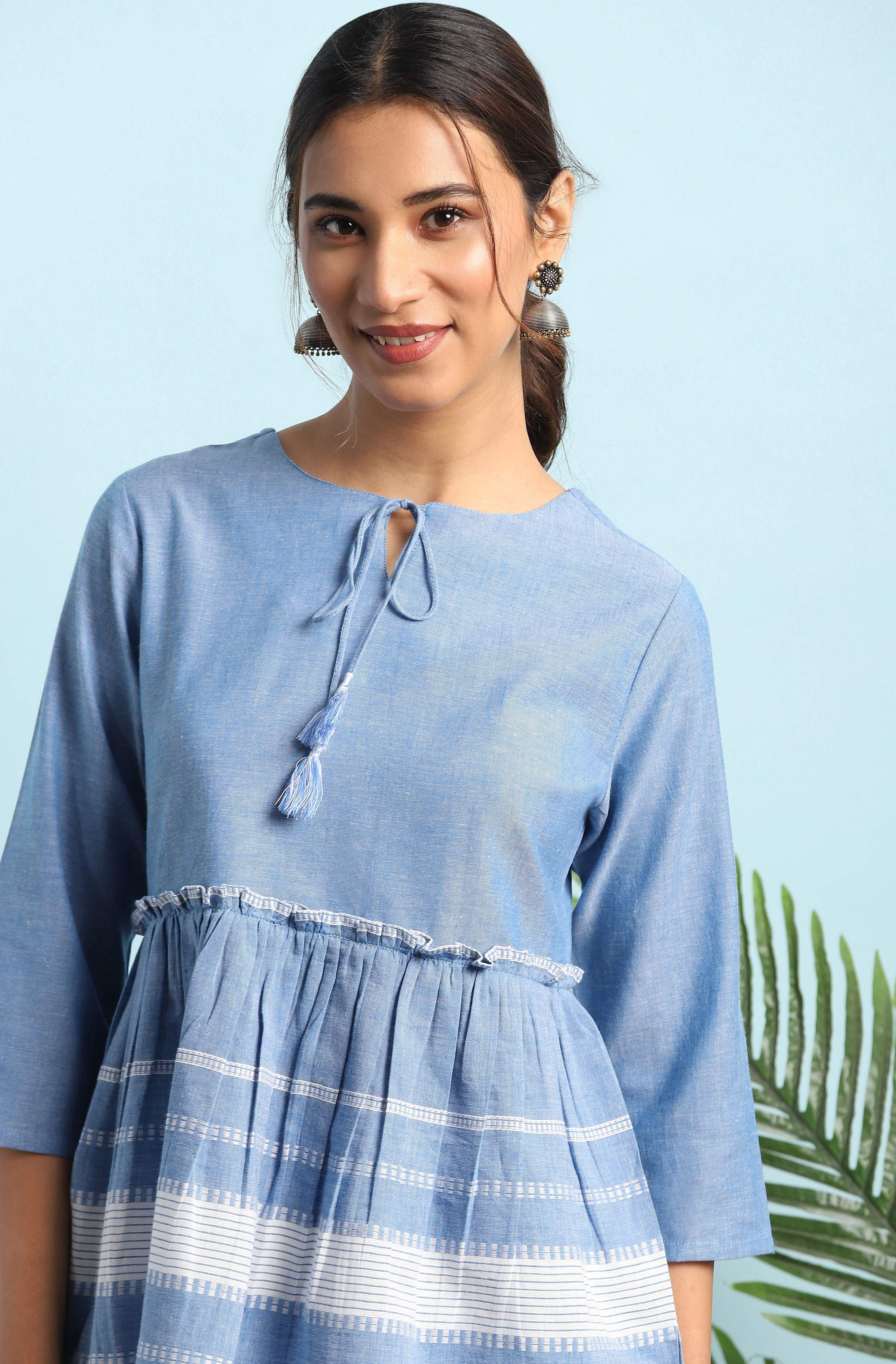 Janasya Women's Blue Cotton Striped Empire Top