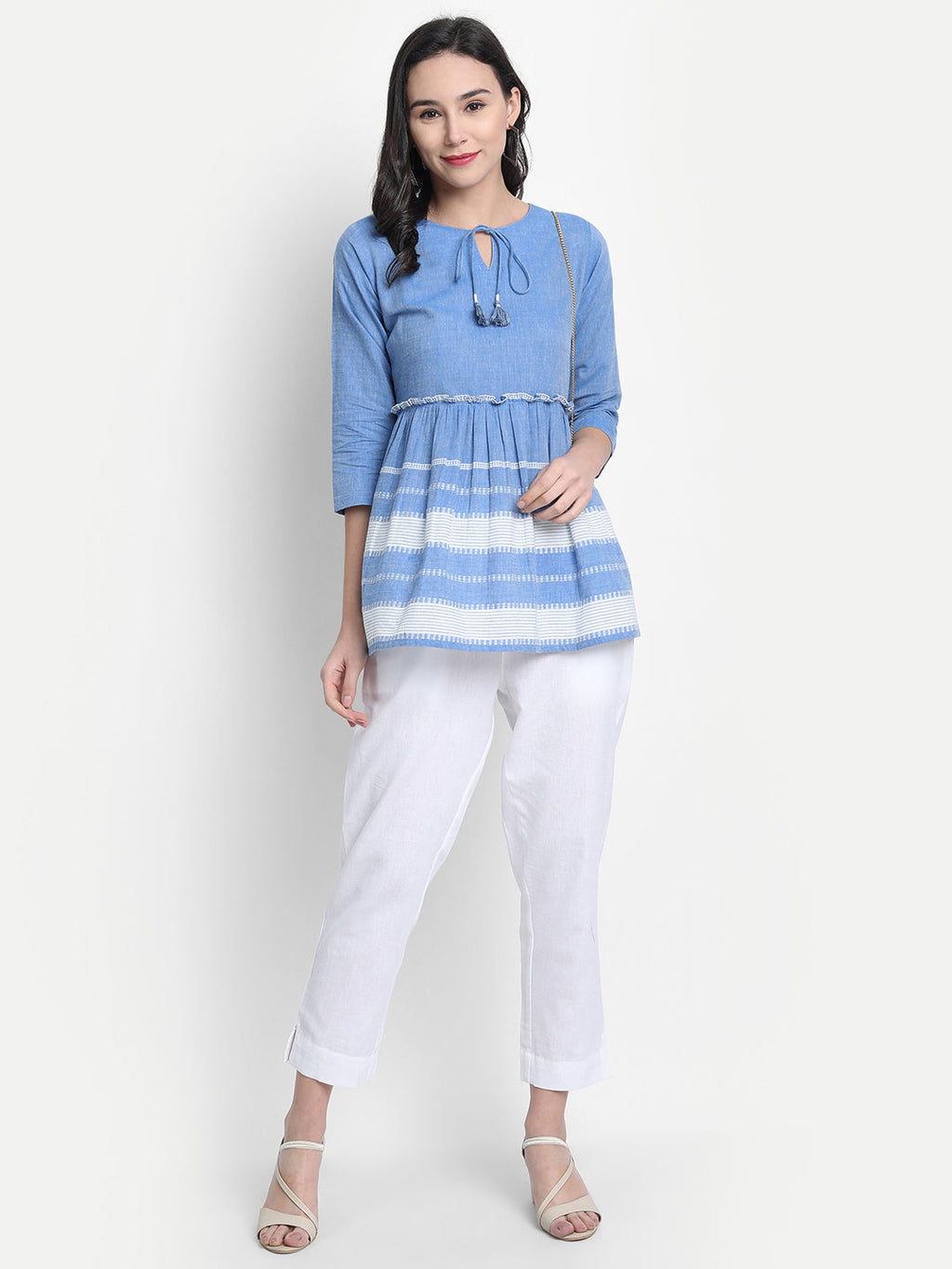Janasya Women's Blue Cotton Striped Empire Top