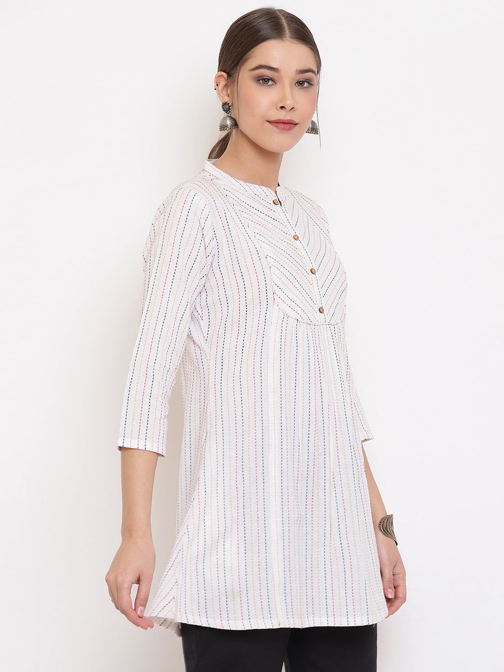 Janasya Women's White Cotton Woven Design A-Line Top