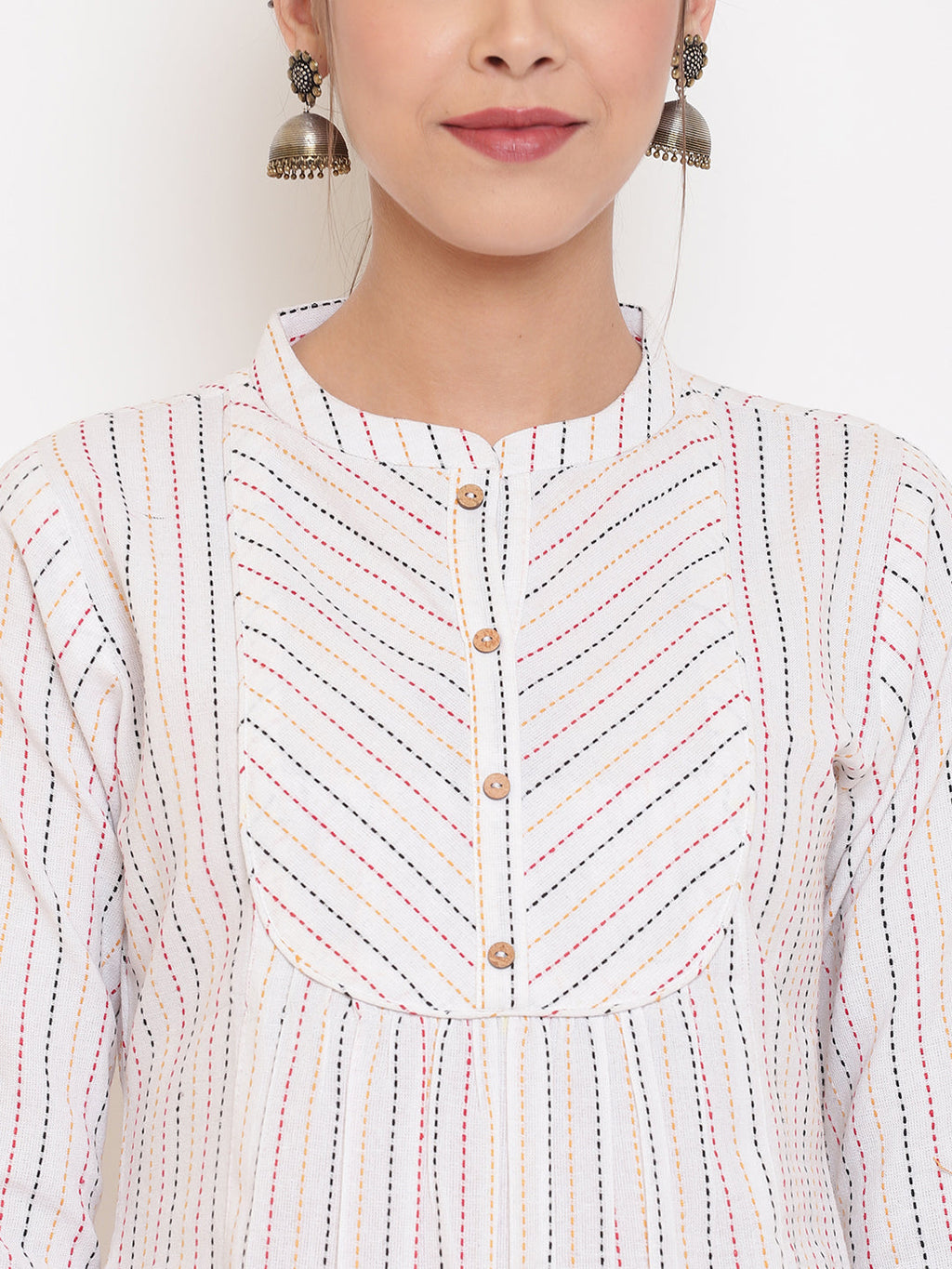 Janasya Women's White Cotton Woven Design A-Line Top