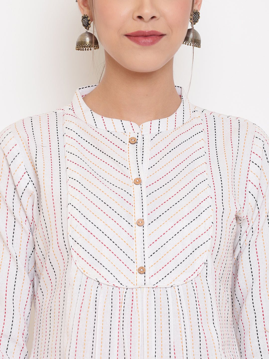 Janasya Women's White Cotton Woven Design A-Line Top