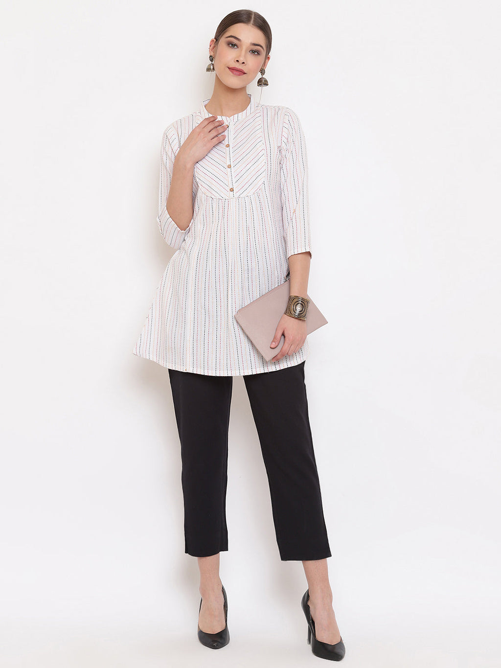 Janasya Women's White Cotton Woven Design A-Line Top